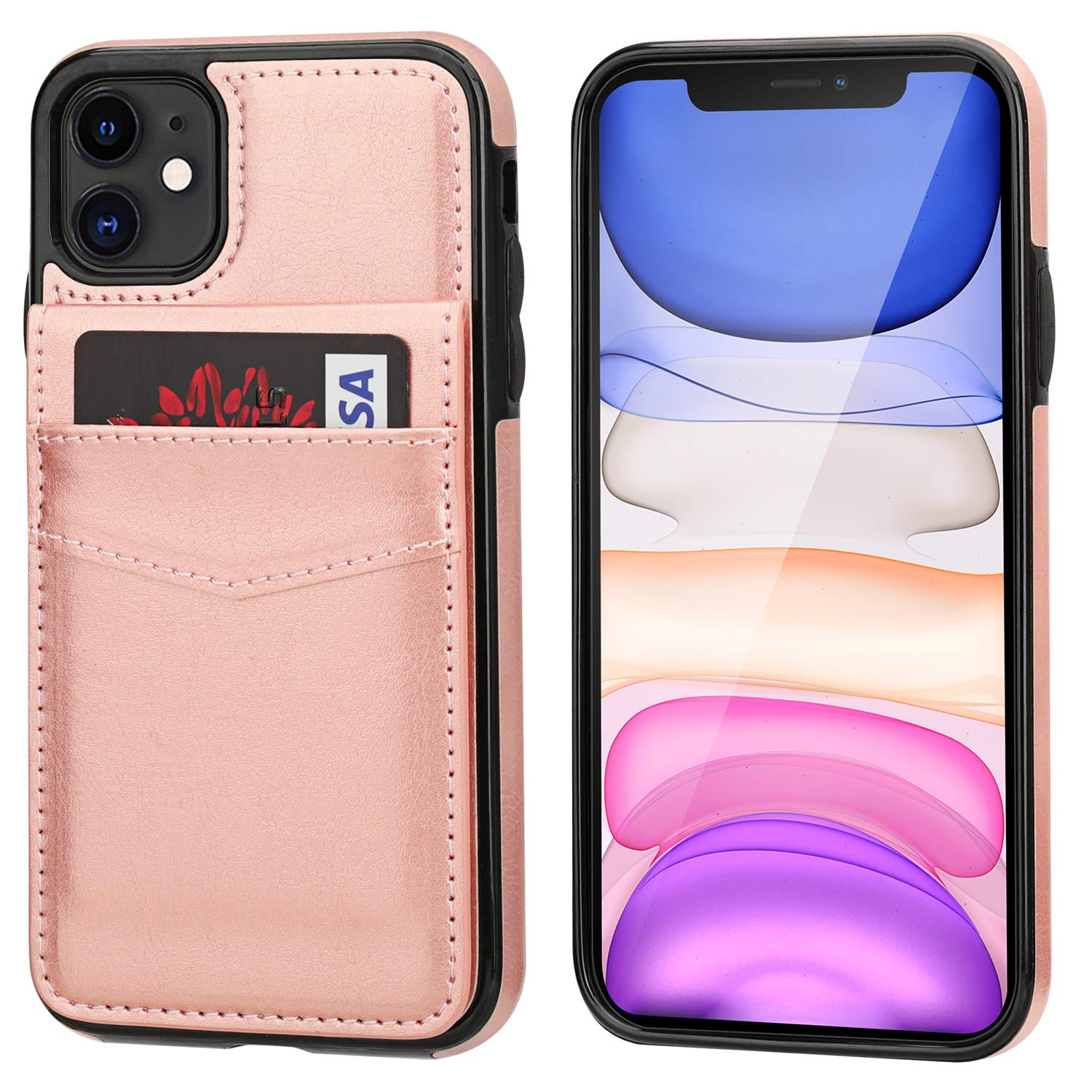 KEEPXYZ iPhone 11 Case Wallet with Credit Card Holder, Premium Leather Magnetic Clasp Kickstand Heavy Duty Protective Cover for 11 6.1 Inch(Rose Gold)