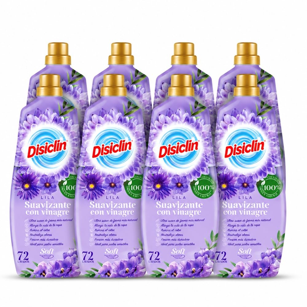 Disclin Suavizante con Vinagre Lila 1300 ml (Pack 8 unidades) | 72 Lavados por Botella | Suavidad y Frescor para la Ropa | Ayuda a Neutralizar Olores | Cuidado Diario de los Tejidos | RASMACOR