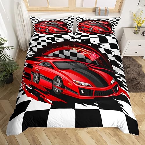 Erosebridal Juego de ropa de cama de coche deportivo rojo, tamaño individual, funda de edredón para niños y niñas, para adolescentes y adultos,