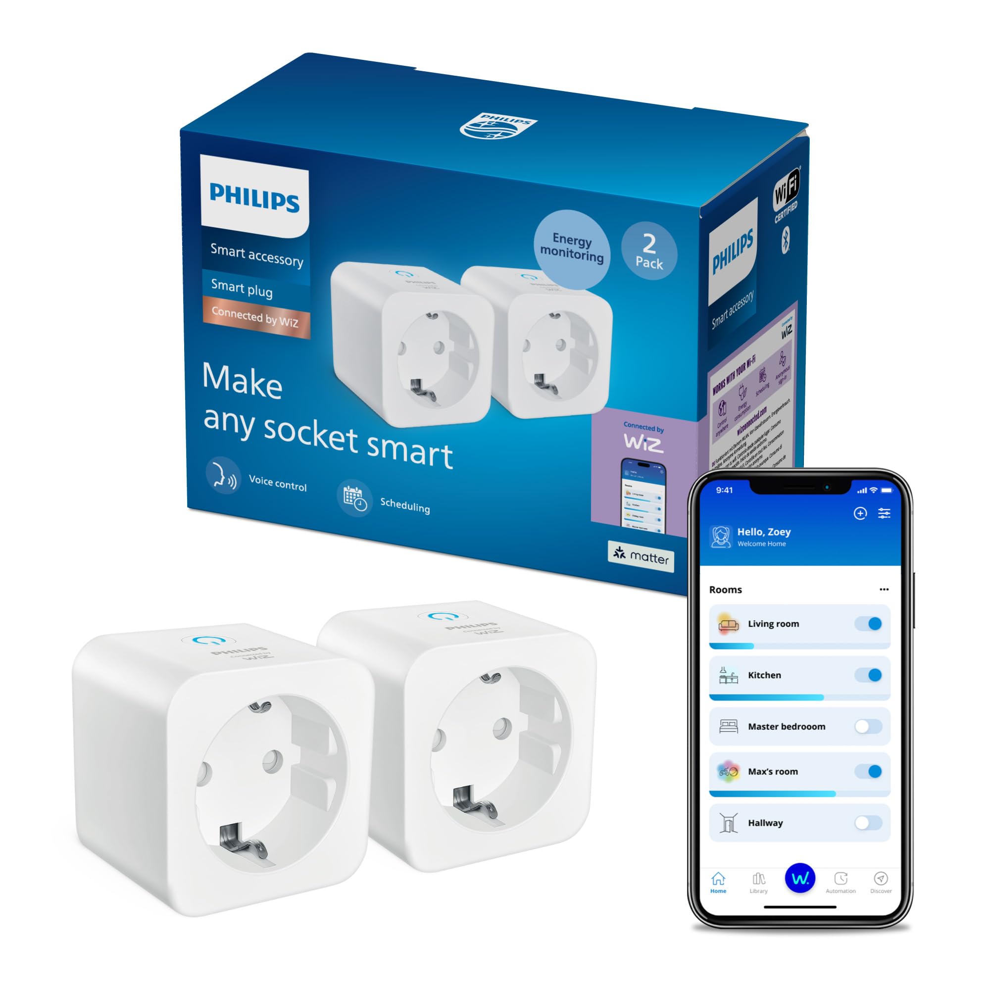 Philips Smart Lighting Smart Plug Matter Typ F, Automatisierungen, Sprach-/App-Steuerung, Connected by WiZ, 2 Pack – Amazon Angebot