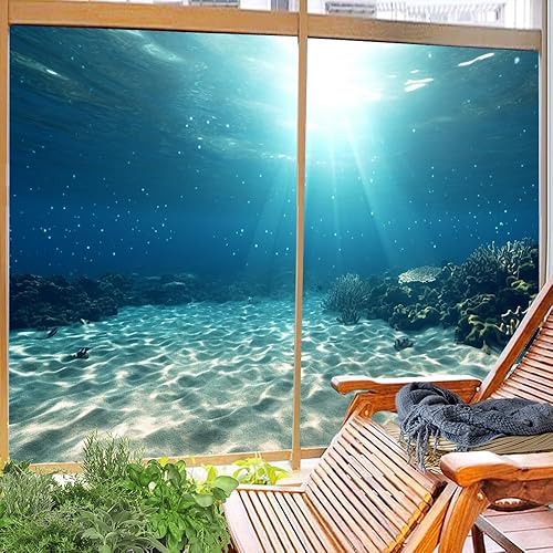 Miniatura 6 de Película de ventana de paisaje submarino con bloqueo solar de naturaleza submarina con luz solar arenosa, película de vitrales sin pegamento