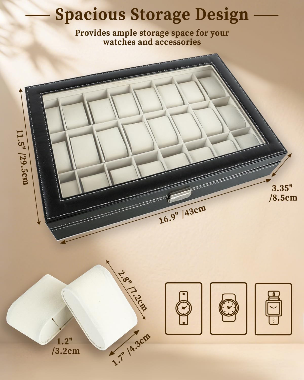 ATPEAM Uhrenbox 24, Eleganter Uhrenkasten mit Glasdeckel & Metallschloss, Uhrenkoffer mit Samt-Innenfutter, Geschenk für die Liebsten