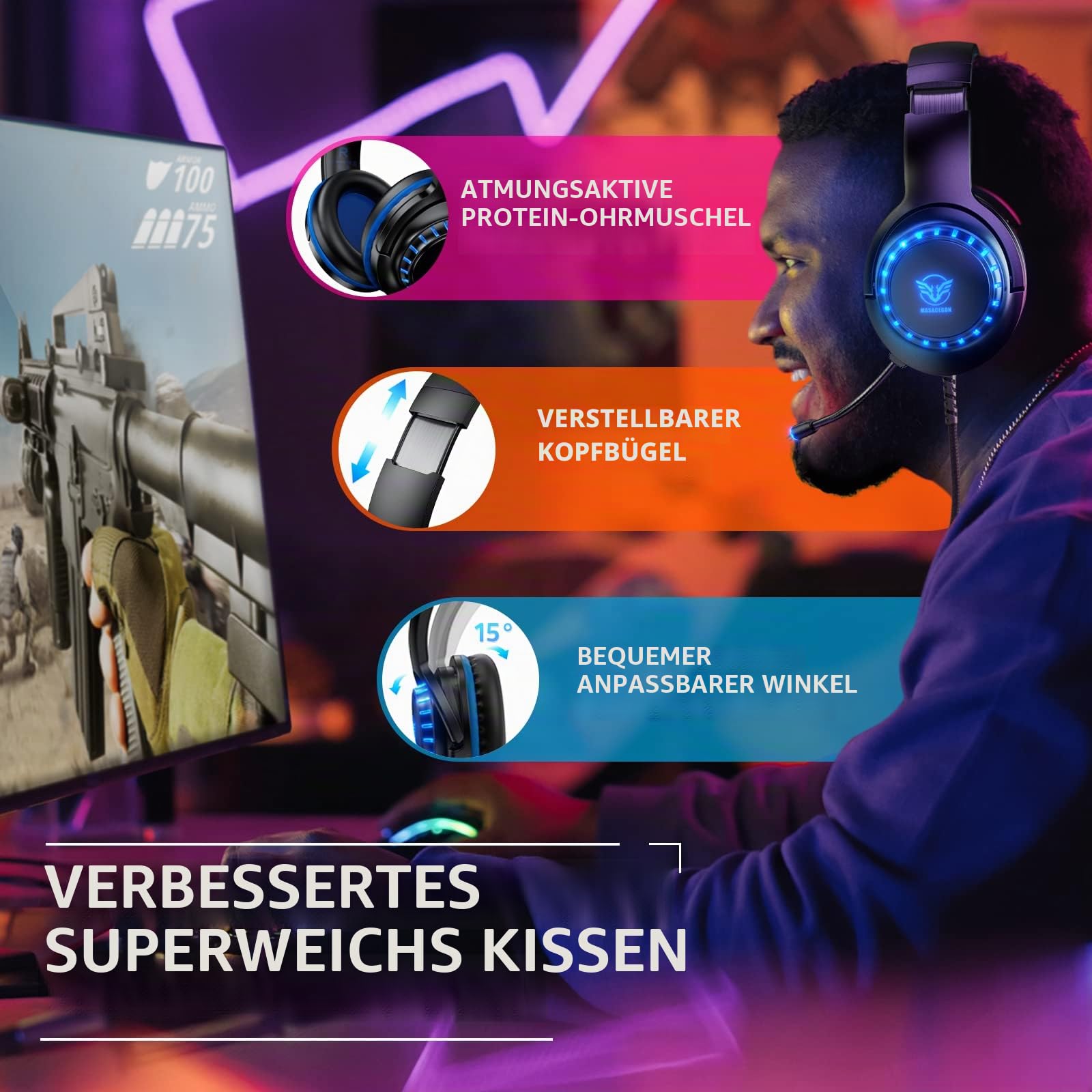 Pacrate Gaming Headset für PS4/PS5/Xbox One/PC/Nintendo Switch, PS4 Kopfhörer mit Kabel Xbox Headset mit Mikrofon, Noise Cancelling PS5 Headset mit LED Lichter - Blau