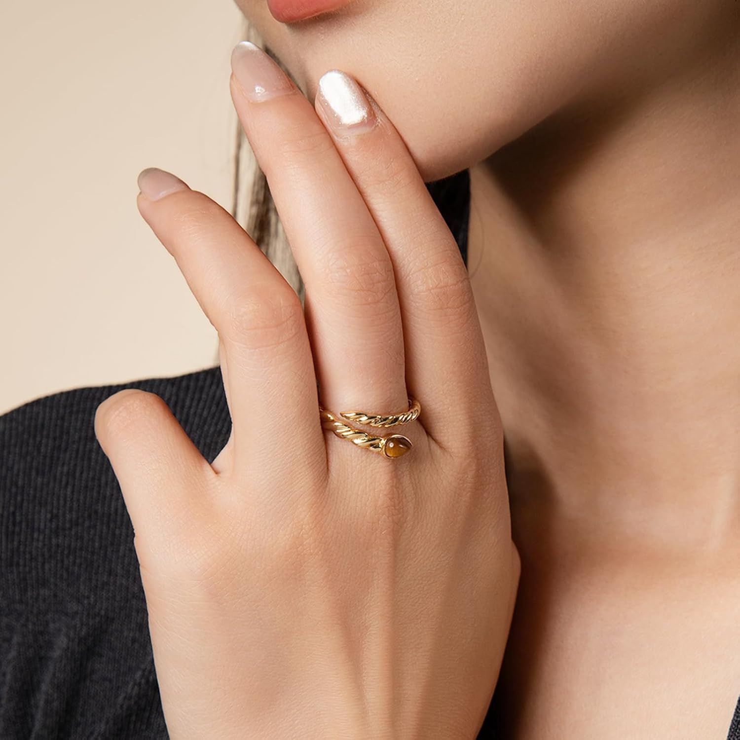 Adjustable 14k Gold Plated Tigers Eye Rings for Women, Vintage Boho Jewelry for Women - Image 3