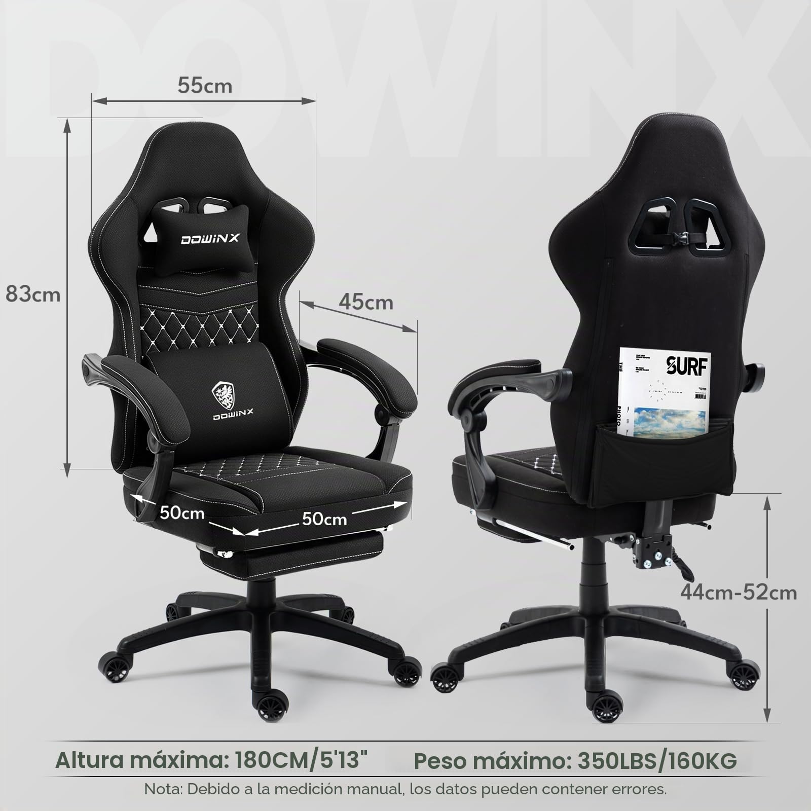 Dowinx Silla Gaming de Tela con Reposapiés Abatible y Extraíble, Silla Ergonómica para Oficina con Cojín de Gel y Muelles Ensacados, Silla Gamer Reclinable con Soporte Lumbar, para Adultos, Negro