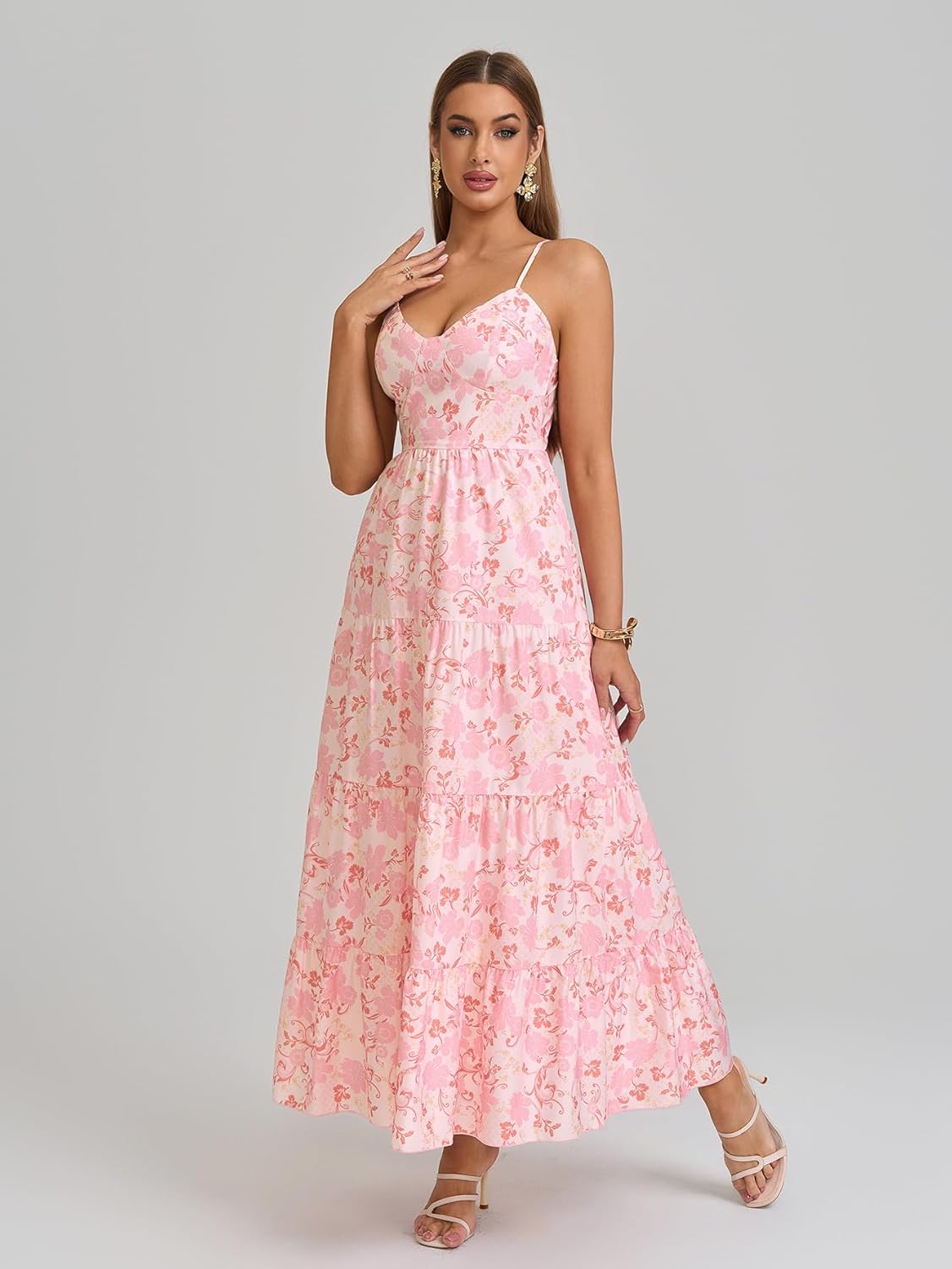 HTZMO Women Casual Summer Floral Maxi Sundress V Neck Spaghetti Strap Bow Tie Backless Flowy Boho Beach Long Dress 2026 - Image 3