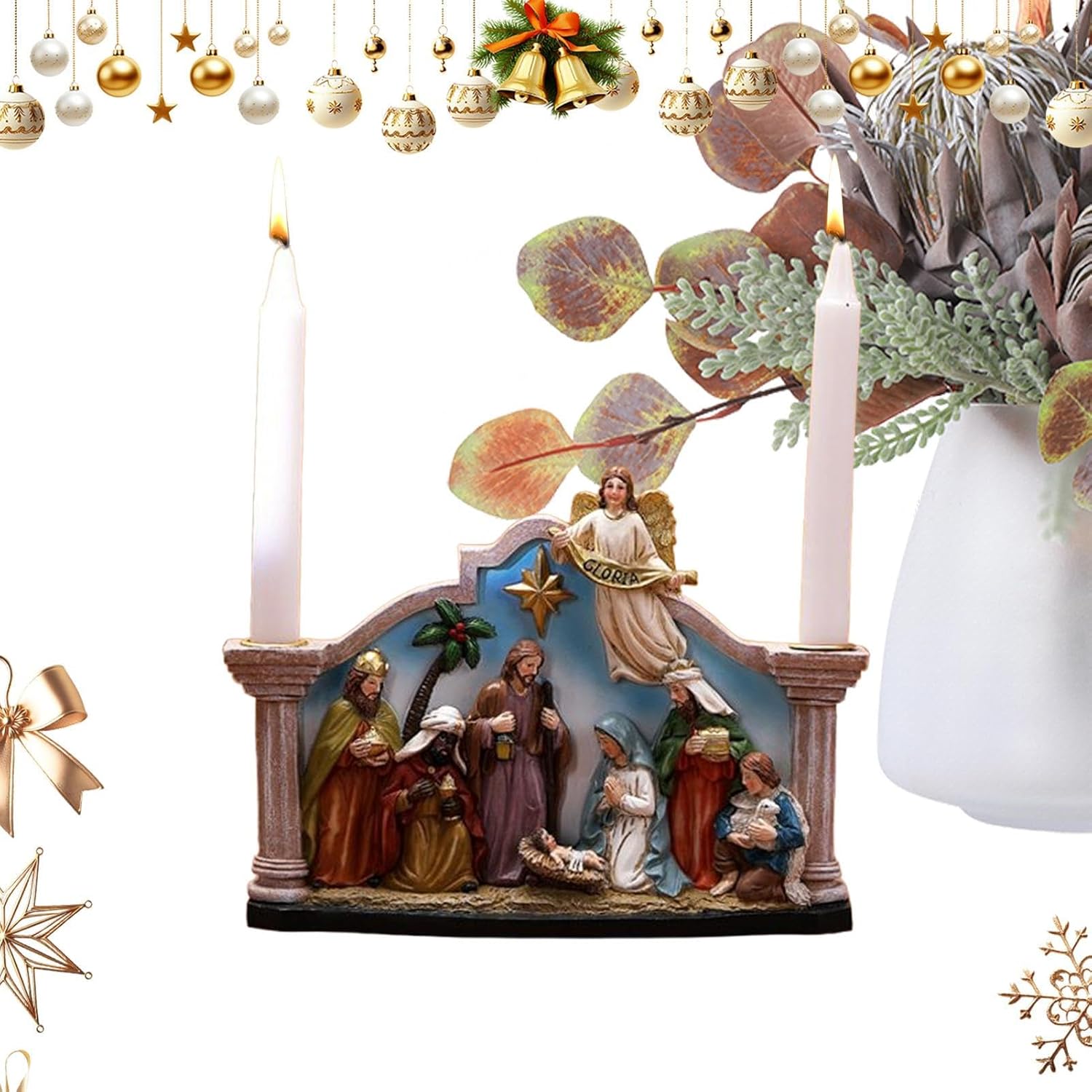 Nativity Candle Holder, Christmas Candlestick Decor for Religious Display, Resin Nativity Statue with Elegant Detailing for Catholic Christian Candle Holder Fireplace Table Indoor Mantle Holiday Celeb