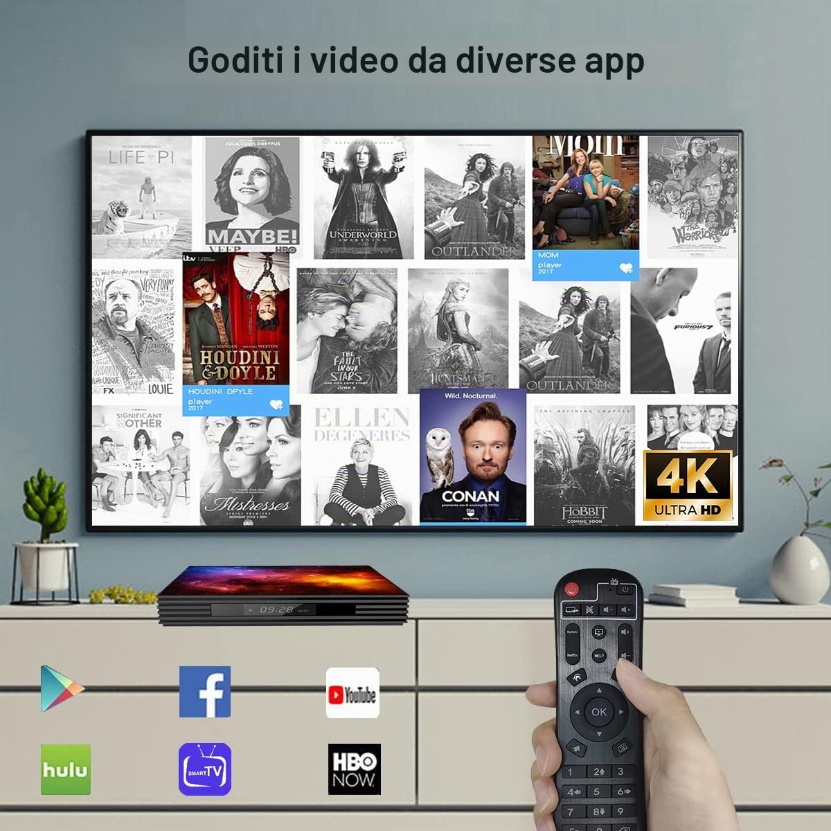 4K UHD TV Box Android 4GB RAM 64GB ROM, custodia TV supporto Wi-Fi 2.4G/5G, Bluetooth, HDMI, USB, mini tastiera senza fili inclusa
