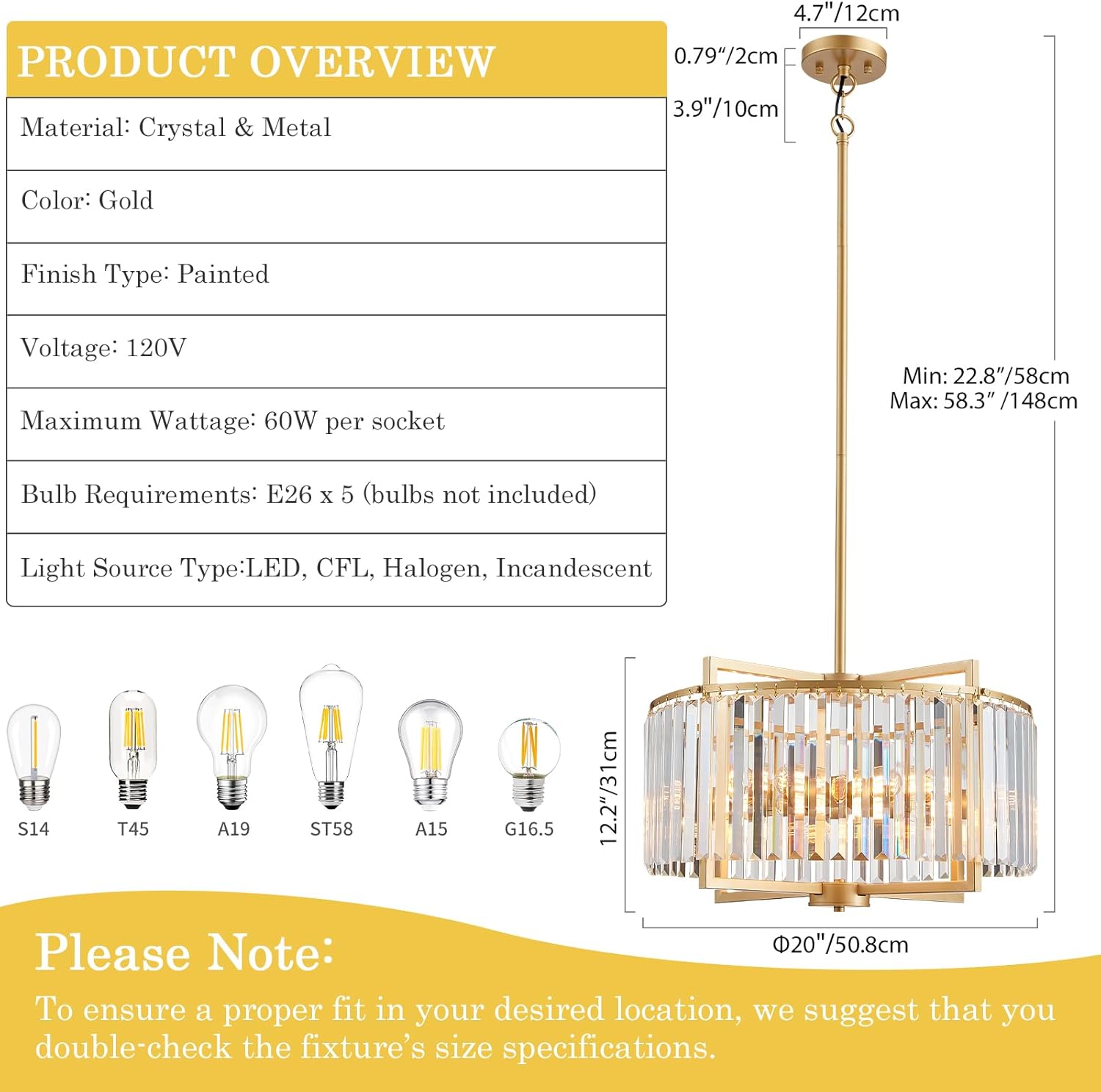 Modern Drum Crystal Chandelier for Dining Room, 20" Round Rustic 5-Light Gold Pendant Lightting Fixture for Living Room Kitchen Island Bedroom Hallway Foyer