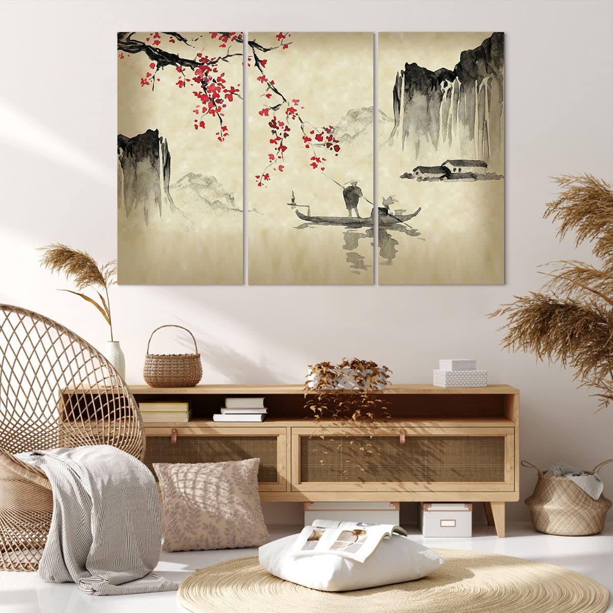 Lienzos decorativos 165x110cm Cuadro Sobre Lienzo Moderno Flor Cerezas Japón Grande XXL Dormitorio Cuadros Pared Imágenes Tríptico 3 Piezas Cuadros Decoracion Salon Wall Art Prints CE165x110-5020