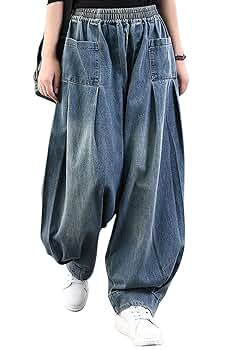 loveimgs Women Pleated Wide Leg Denim Pants Baggy Boyfriend