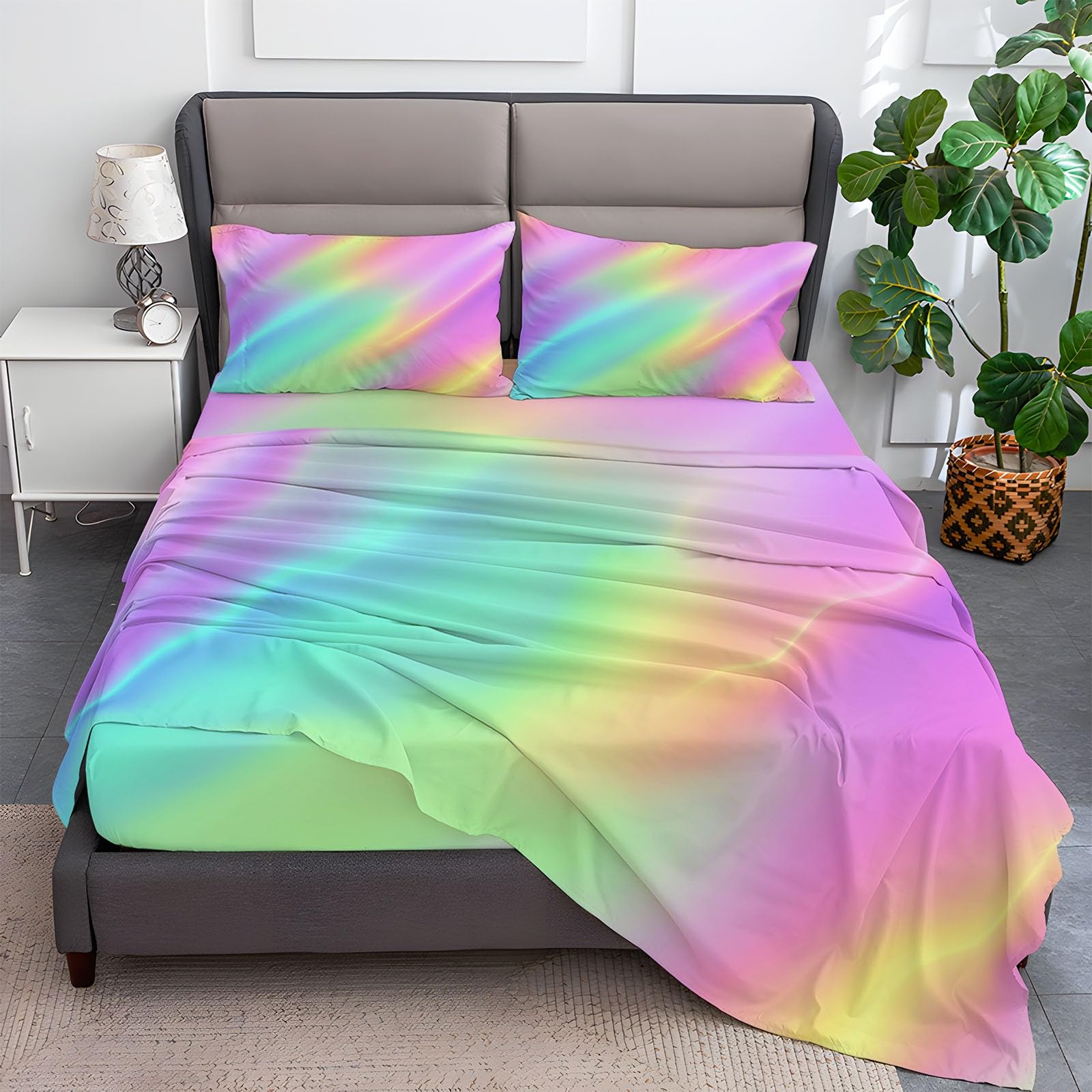 Fitted Sheet Twin Size Bedding Set for Kids Girls Women Men Room Decor, Soft Microfiber & Deep Pocket & Wrinkle Free Simple Rainbow Gradient Bedding Sheets, Colorful