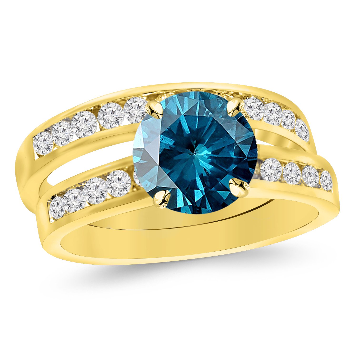 Classic Channel Set Wedding Set Bridal Band & Diamond Engagement Ring with a 1.5 Carat Blue Diamond 