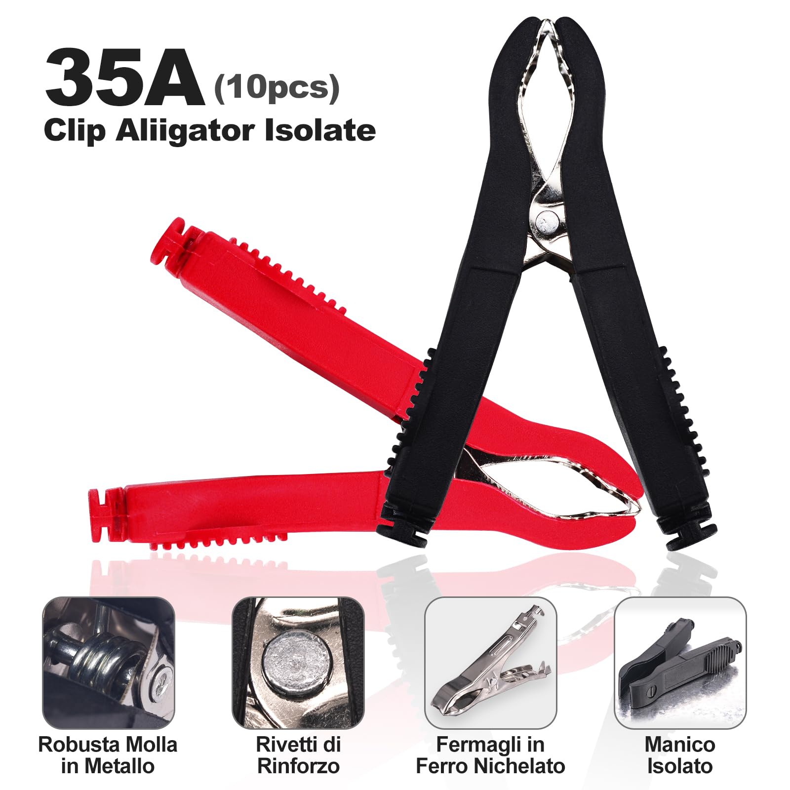 Set Di 6 Morsetti A Coccodrillo 35A - Per Test Elettrici Auto, Barca, Camion - Isolati E Facili Da Usare - Foto 3