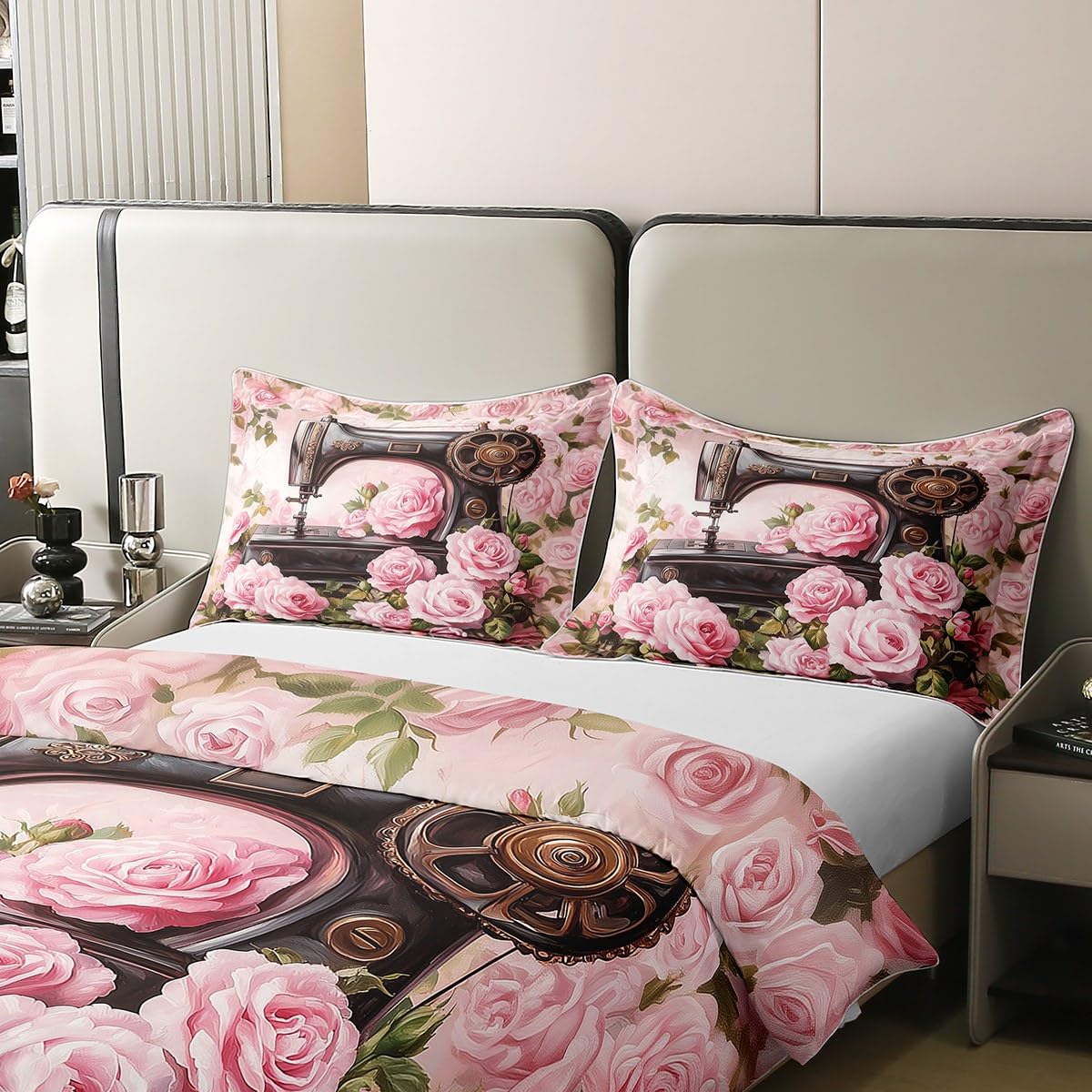 Juego de ropa de cama con diseño de máquina de coser 3D, hojas verdes, rosa, 100 % algodón, funda de edredón de 3 piezas para niños, niñas y mujeres, funda de edredón romántica retro, 2 fundas de