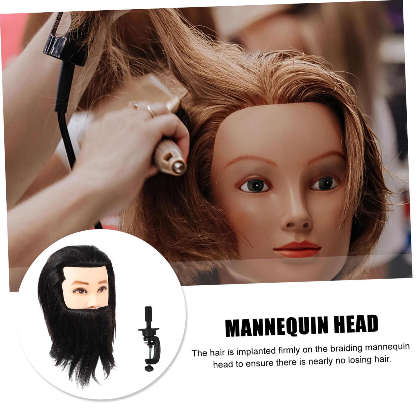 Trainingskopf Herren Echthaar Frisierkopf mit Bart Mittlere Hitzebeständig Realistische Details für Friseurschüler Hairstyling Übung und Bartpflege