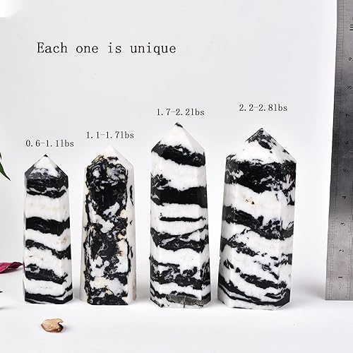 Miniatura 5 de JIC Gem Varita grande de cristal de jaspe cebra negra con punta de torre de obelisco de cuarzo, 6 columnas facetadas, piedra preciosa curativa,