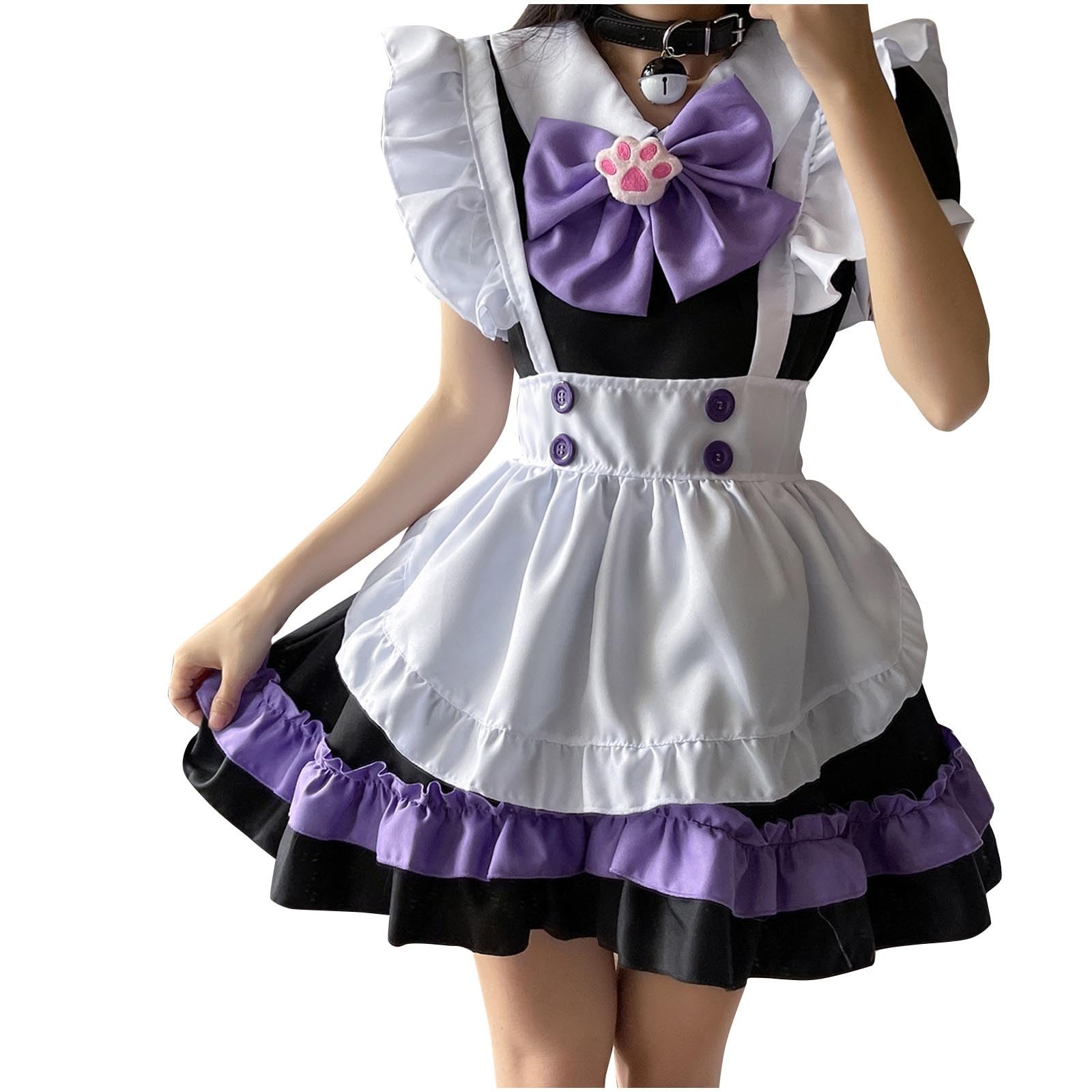 Women Cute Japanese Maid Costume Kawaii Anime Cosplay Halloween Outfits Sweet Lolita Dress French Apron Maid Dress: Purple Medium