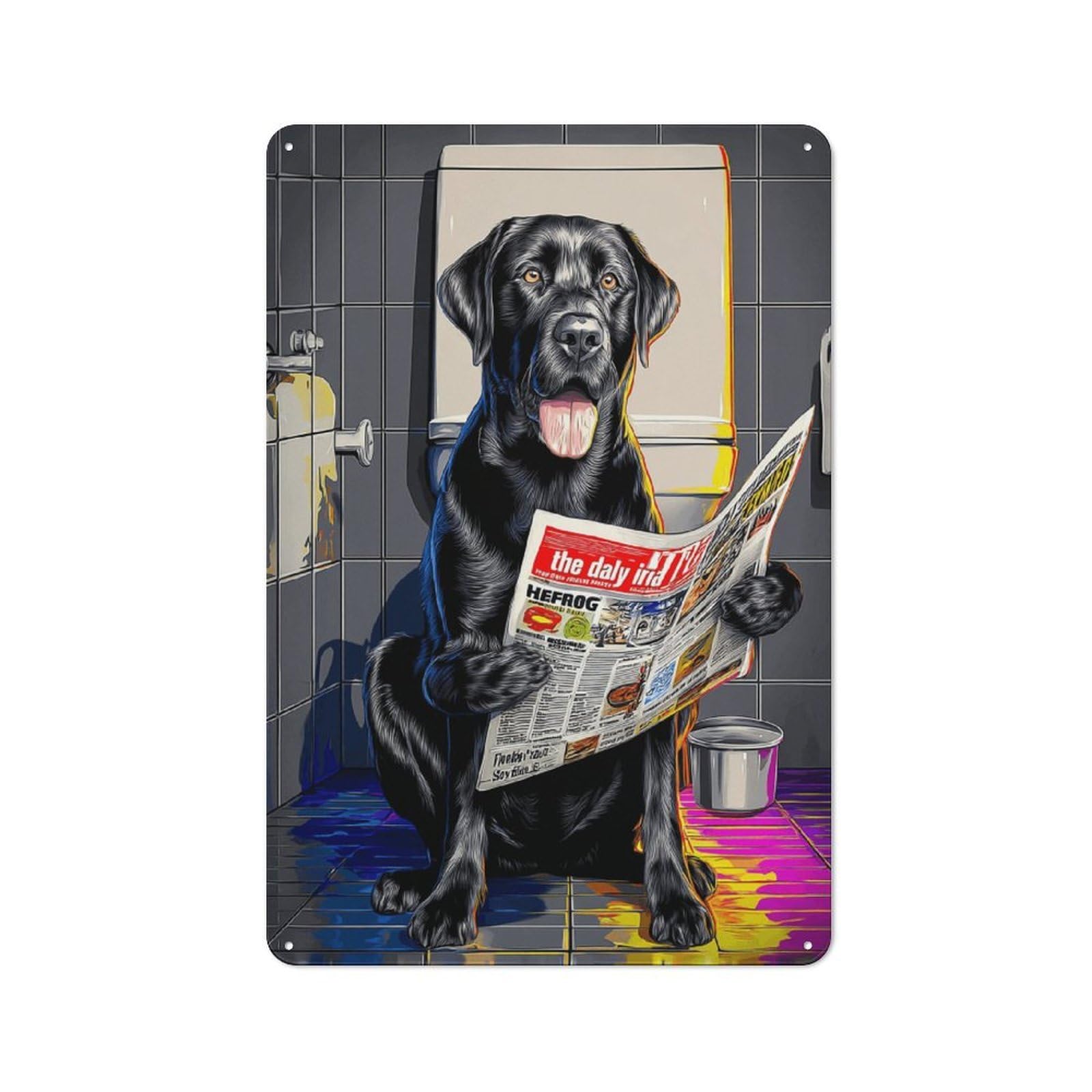 Junmoney Dog Reading Newspaper On Toilet -10 Metal Wall Plaque With Design 30X20cm, Classic Retro Room Decor For Kitchen, Hallway, Bar Or Small Cafe