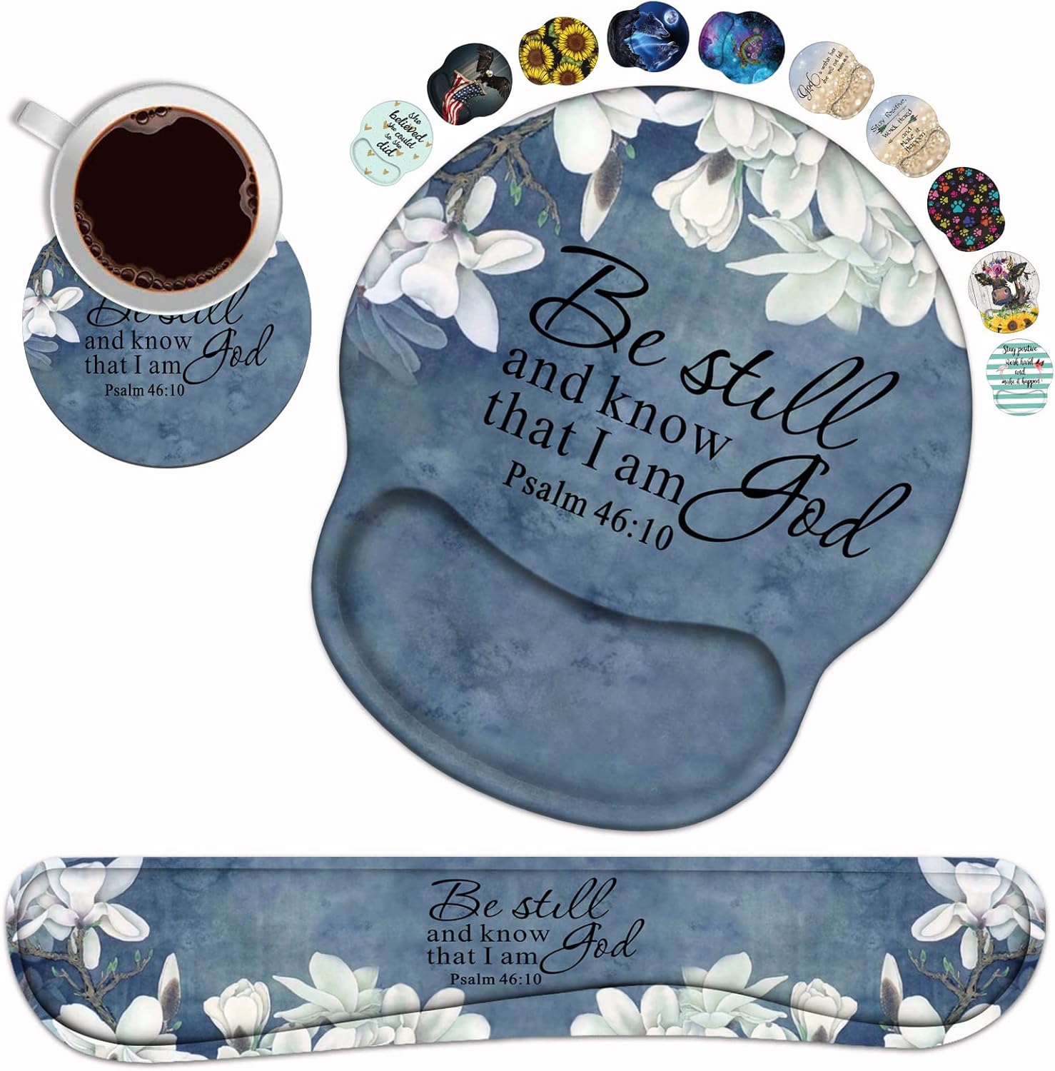 Keyboard Wrist Rest and Mouse Pad Wrist Support Set with Coasters, Christian Bible Verse Psalm 46:10 Wrist Mouse Pad with Non-Slip PU Base for Home Office Working Studying Easy Typing & Pain Relief