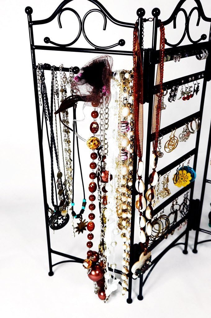 Mango Steam 3-Panel Jewelry Organizer Stand for Hanging Earrings, Bracelets, & Necklaces - Tall Version, Black
