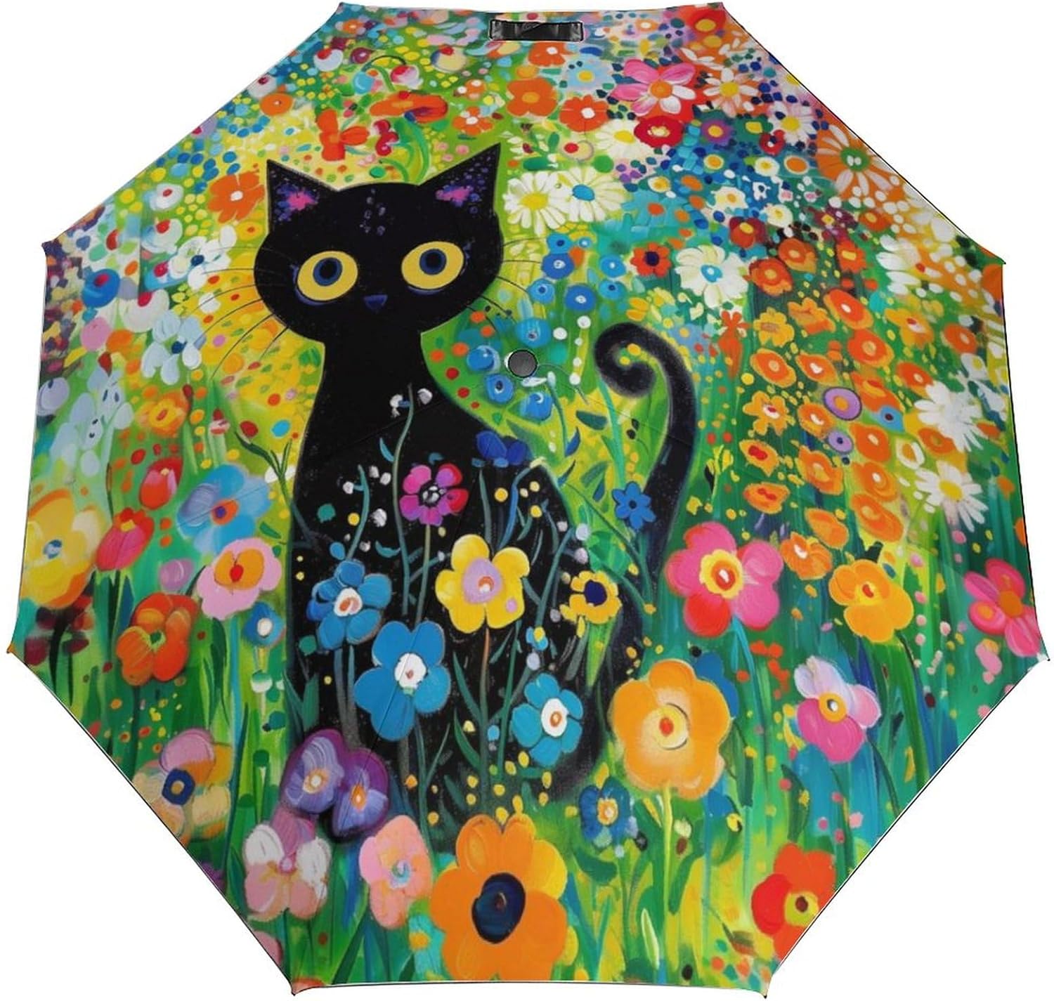 Black Cat And Flower Windproof UV Umbrellas Auto Open Close 3 Folding Strong Durable Compact Travel Sun Umbrella, Portable Lightweight Easy Carrying