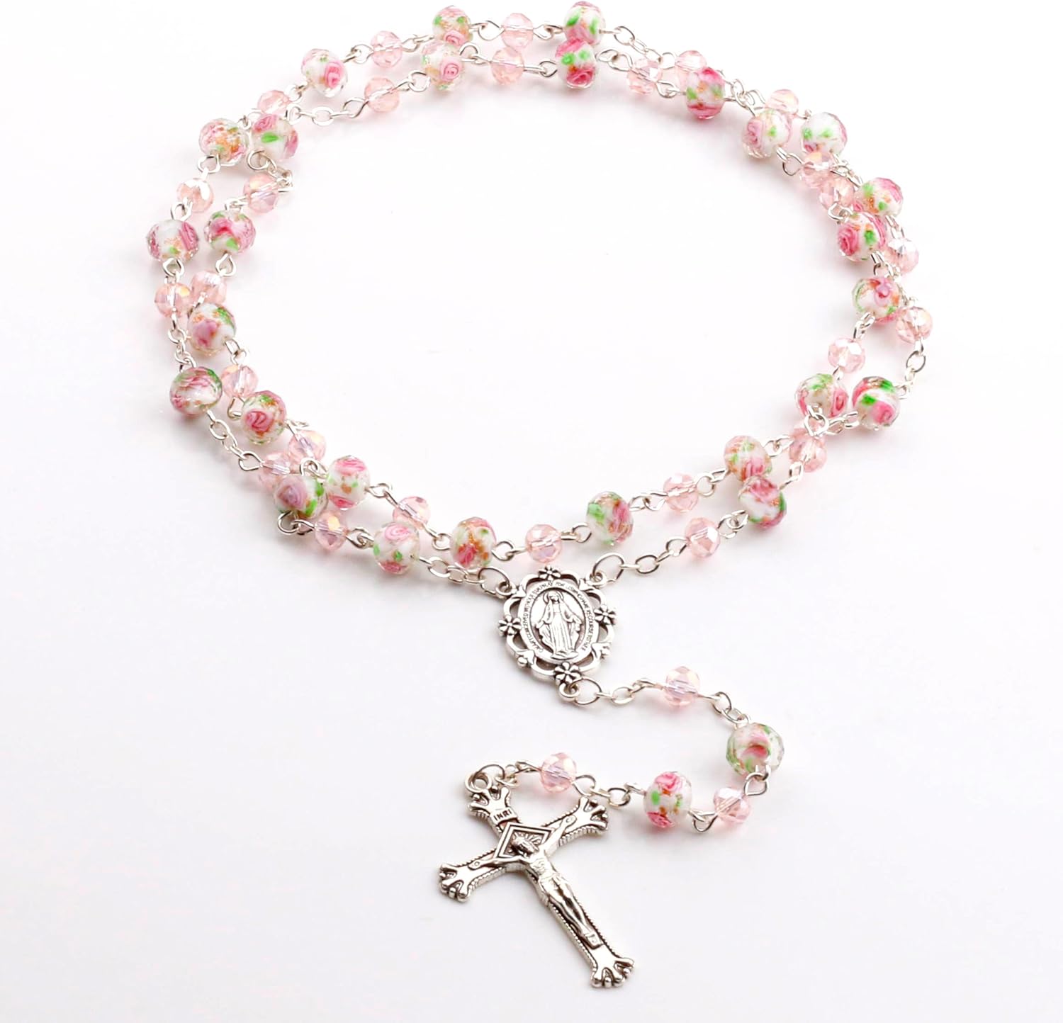 Pink Murano Glass and Crystal Rose Beads Catholic Rosary Necklace for Women with Virgin Mary PU Leather Bag - Image 2