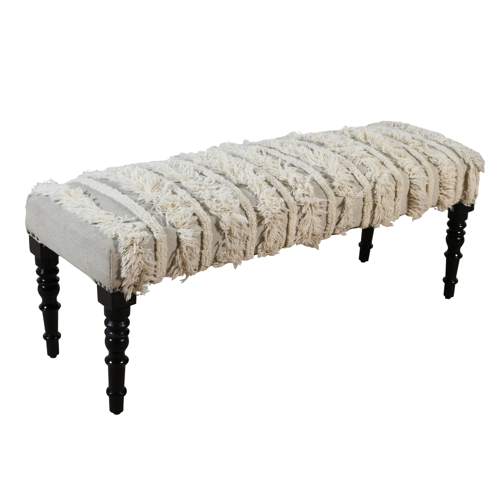 LR Home Cream Tufted Upholstered Bench for Bedroom or Living Room | Striped Farmhouse Accent Bench for End of Bed or Entryway Seating | 47" L x 16" W