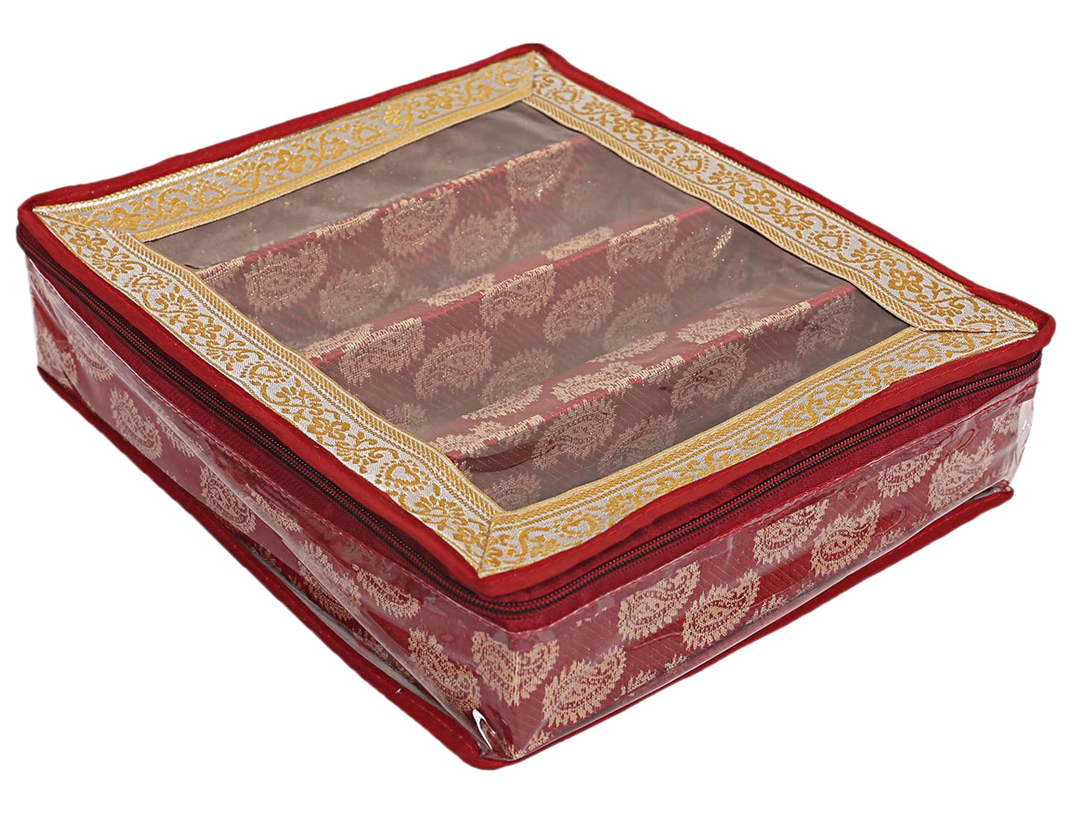 Kuber Industries Multipurpose Rangoli Design Laminated 4 Rod Bangle Box/Organizer/Case With Tranasparent Top (Maroon)-47KM0373