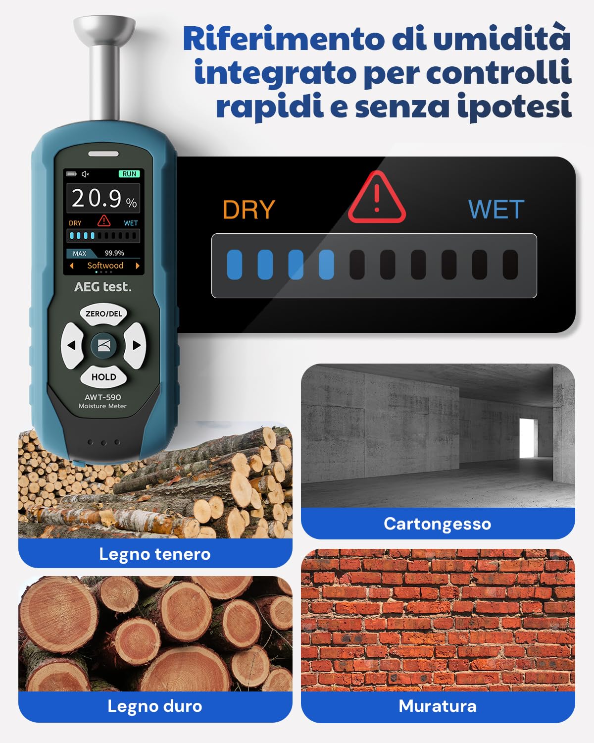 AWT-590 Misuratore di Umidità per Legno Senza Aghi Ricaricabile per Cartongesso, Muratura & Legno, con Allarme Regolabile, Registrazione Dati e Design Emisferico Metallico Unico