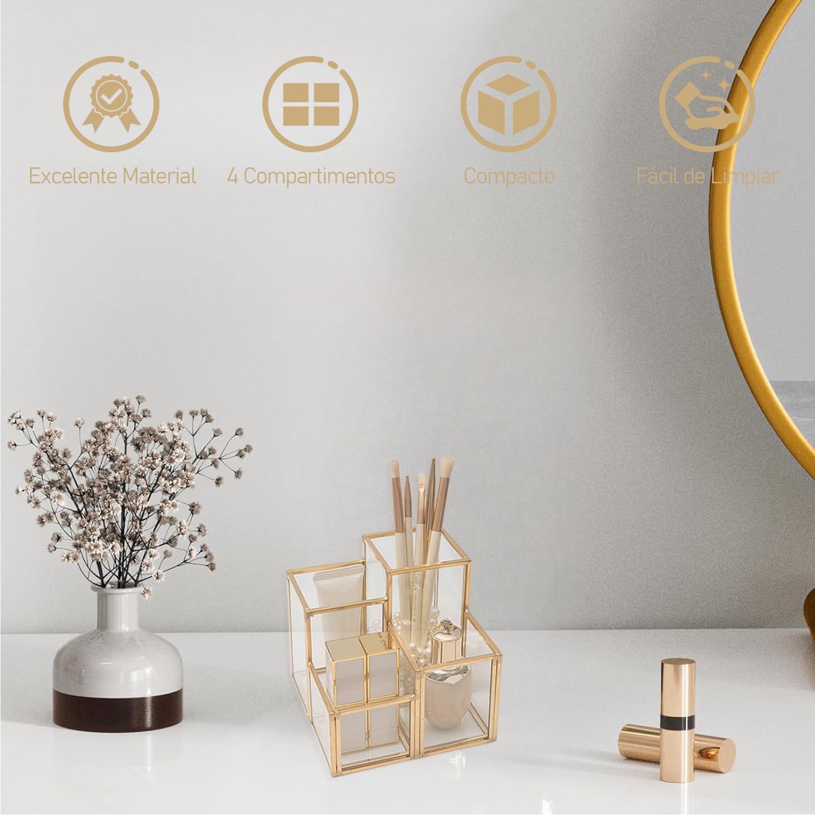 HARLIANGXY Soporte para Pinceles de Maquillaje, Organizador de Cosméticos con 4 Compartimentos, Porta Brochas de Maquillaje, Caja de Almacenamiento de Cosméticos para Tocador Dormitorio Baño, Dorado
