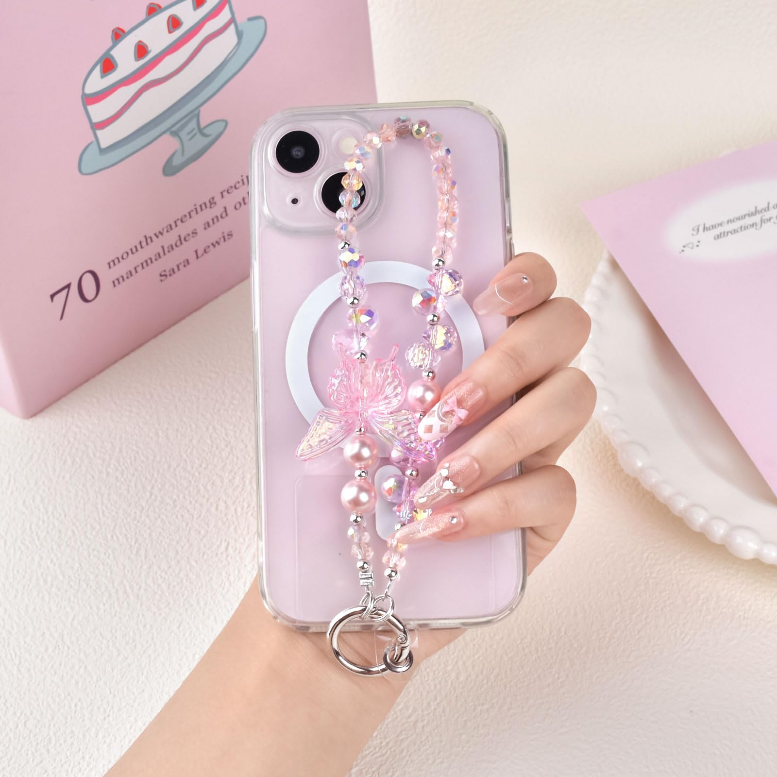 Fycyko Beaded Phone Wrist Strap,Crystal Glitter Cute Butterfly Keychain Wristlet,Phone Chain Wristlet Purse Bag Charms — view 5