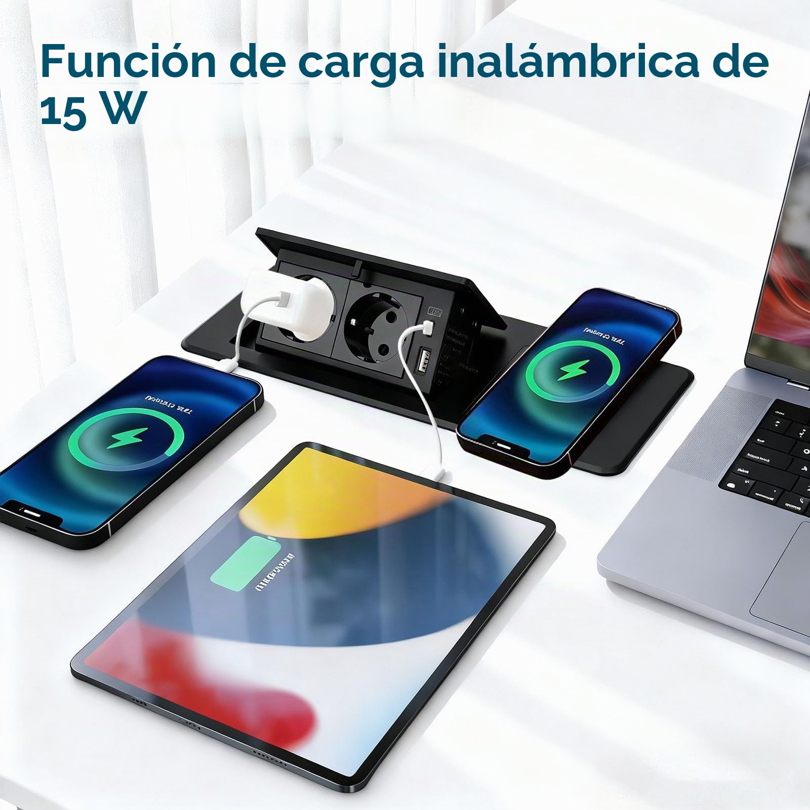 Enchufe retráctil con USB, regleta con cargador inalámbrico, apertura suave, aluminio moldeado, cable de conexión de 1,8 m, enchufe empotrable para cocina, escritorio, mesa de conferencias (negro)
