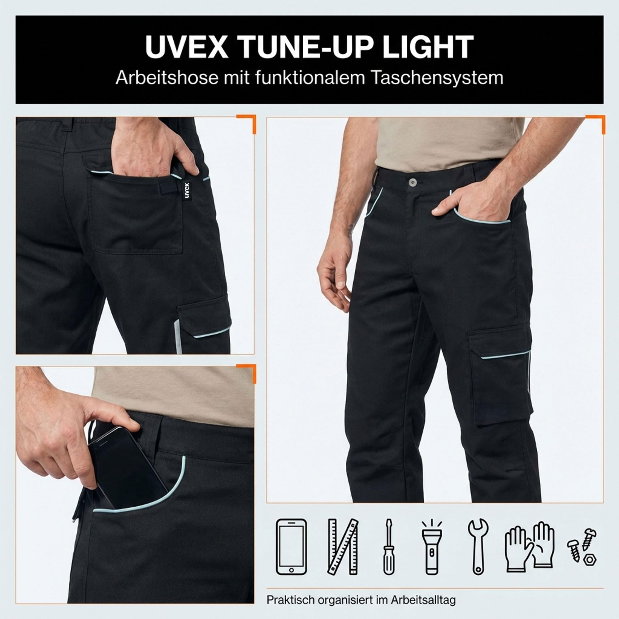 Uvex Tune-up Light Arbeitshose Herren | Bundhose 2-Wege-Stretch | leicht, robust, elastisch | Cargotaschen & Zollstocktasche