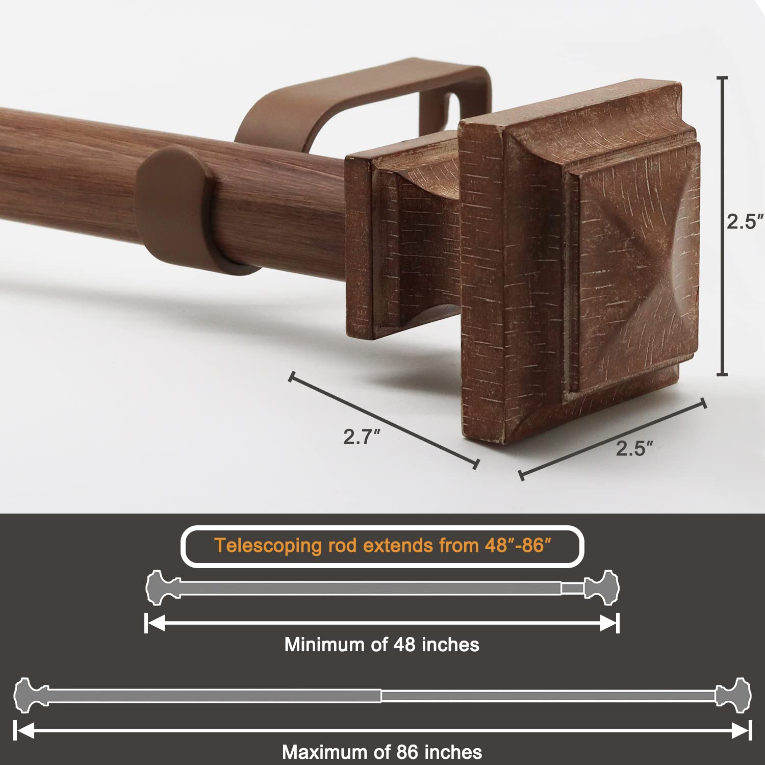 QITERI Curtain Rod 1 Inch, Wood Decorative Treatment Single Window Curtain Rods - Square Finials, Imitation Wood Grain 1 Pack (Cherry, 48-86)