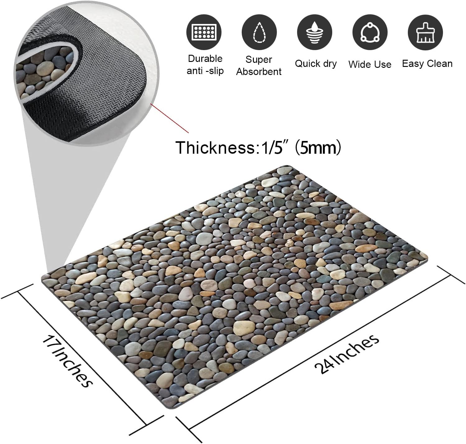 Pebble Stone Print Bathroom Rugs Non Slip Washable Cobblestone Pattern Bath Mat Small Rubber Backed Floor Mat 17"x24" - Image 2