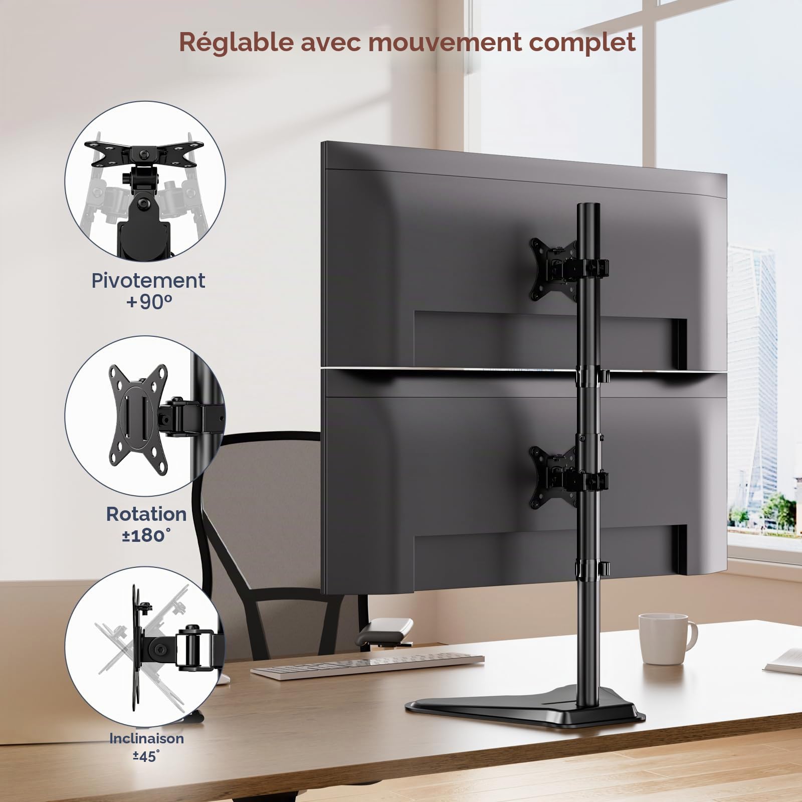 PUTORSEN Support Double Ecran PC, Support de Bureau autoportant Double écran pour Écrans 13-34 Pouces(Hauteur 81.5cm), Charge Max 9kg, VESA 75x75/100x100 mm
