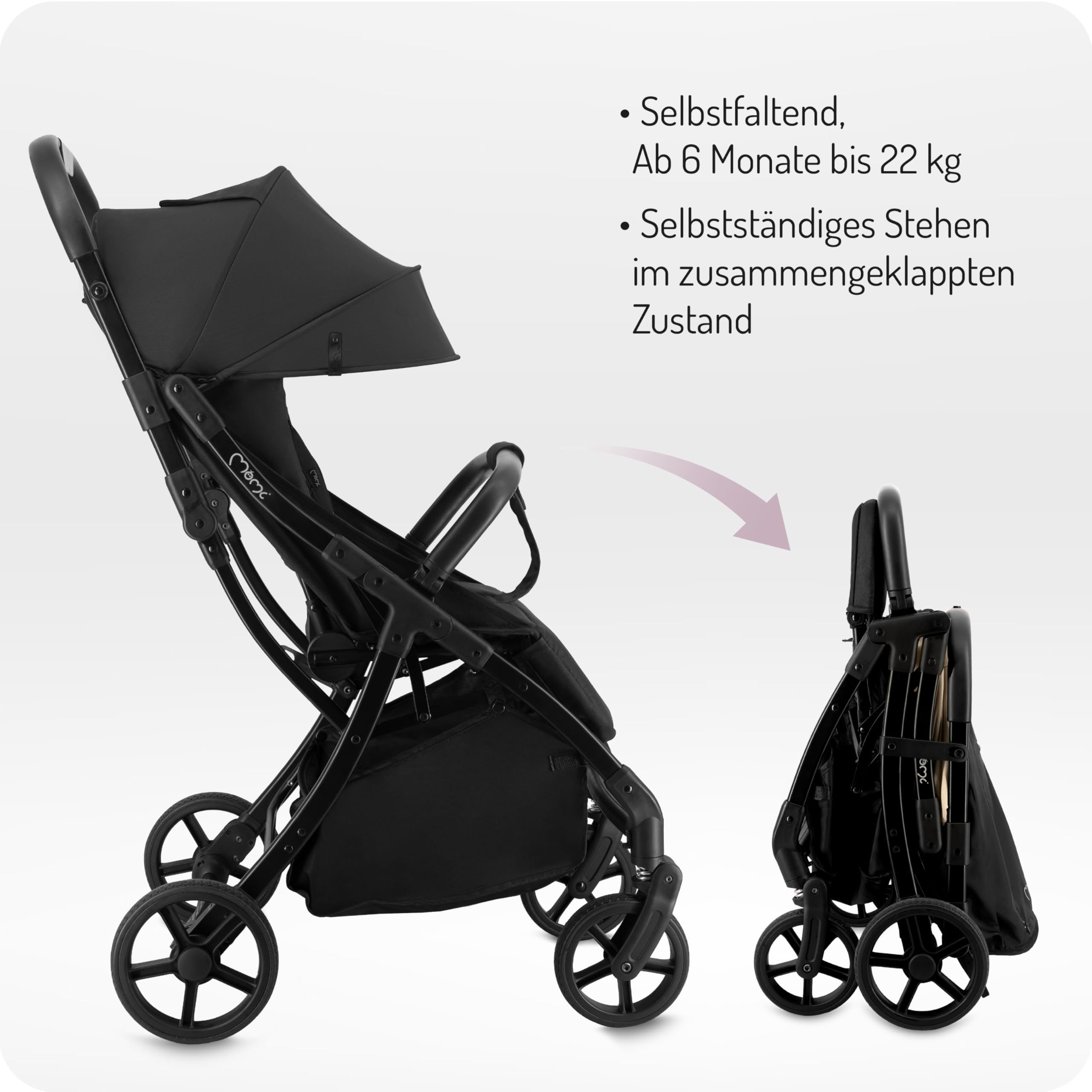 MoMi PAOLA Kinderwagen Zusammenklappbar - Reisebuggy bis 22kg ab 6 Monaten - Kinder Buggy mit Liegefunktion und Automatischer Faltung - 5-Punkt-Sicherheitsgurt - Alle Räder mit Stoßdämpfung