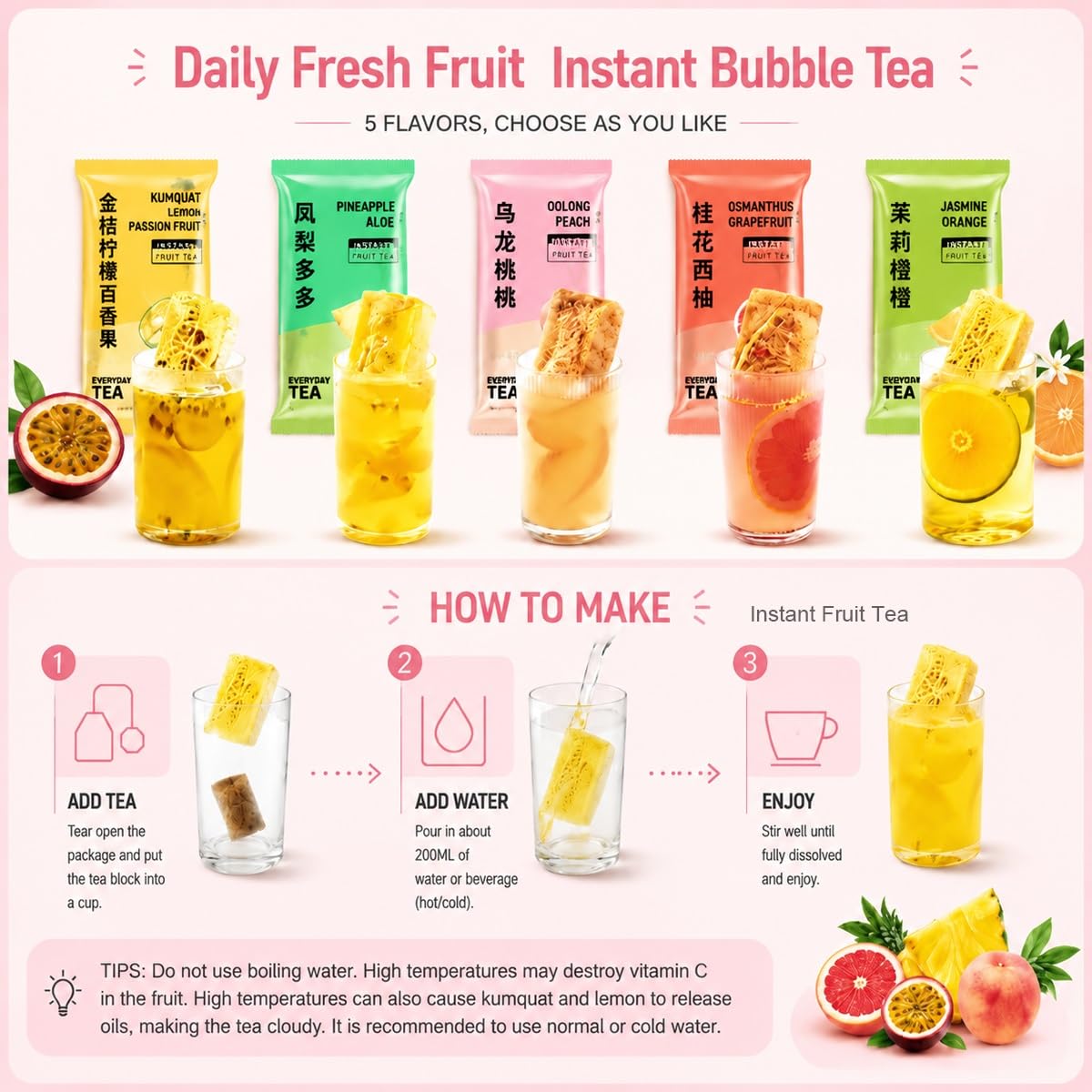Tè Ai Frutti Liofilizzato Assortito - 5 Gusti Infusione A Freddo Estiva, Bustine Individuali Da 15g Monoporzione（10pcs）