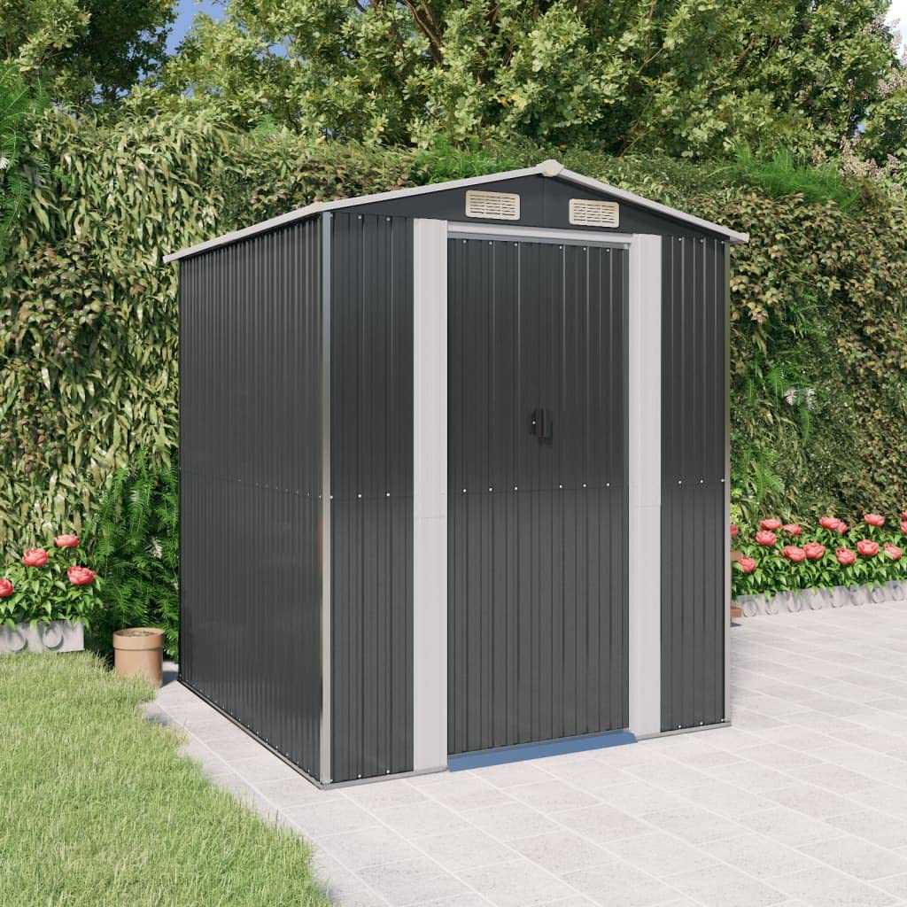 Générique Antracytowy domek ogrodowy 192 x 191 x 223 cm ze stali ocynkowanej, metalowy schowek na narzędzia, sprzęt do basenu i ogrodnictwa z drzwiami przesuwnymi i otworem
