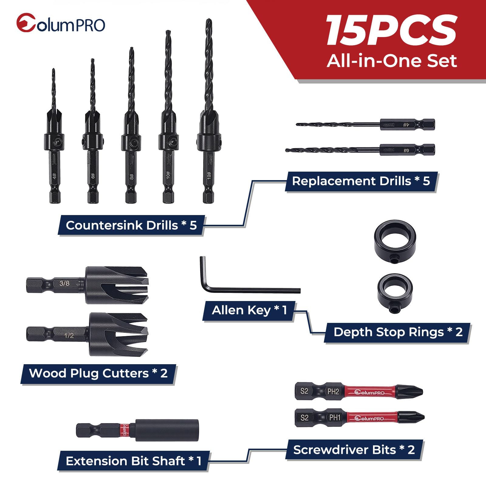 ColumPRO 15PCS HSS Countersink Drill Bit Set, Woodworking Tapered Drill Bits - Image 2
