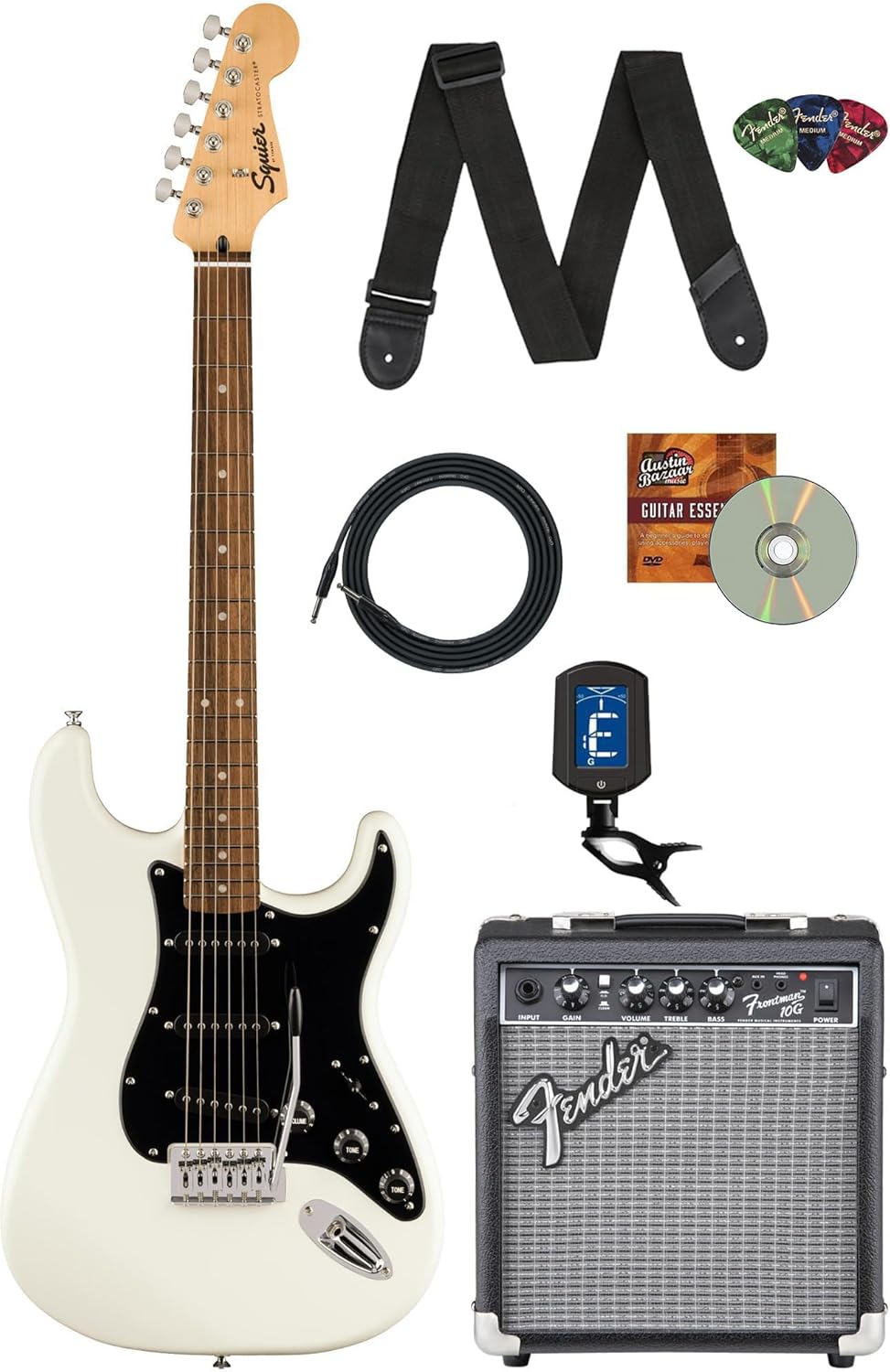 Fender Squier Sonic Stratocaster - Arctic White Bundle with Amp, Cable, Tuner, Strap, Picks, and Austin Bazaar Guitar DVD