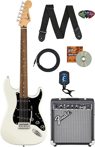 Vista 132 de Fender Squier Sonic Stratocaster HSS - Paquete negro con amplificador, sintonizador, correa, cable, púas y DVD de guitarra Austin Bazaar