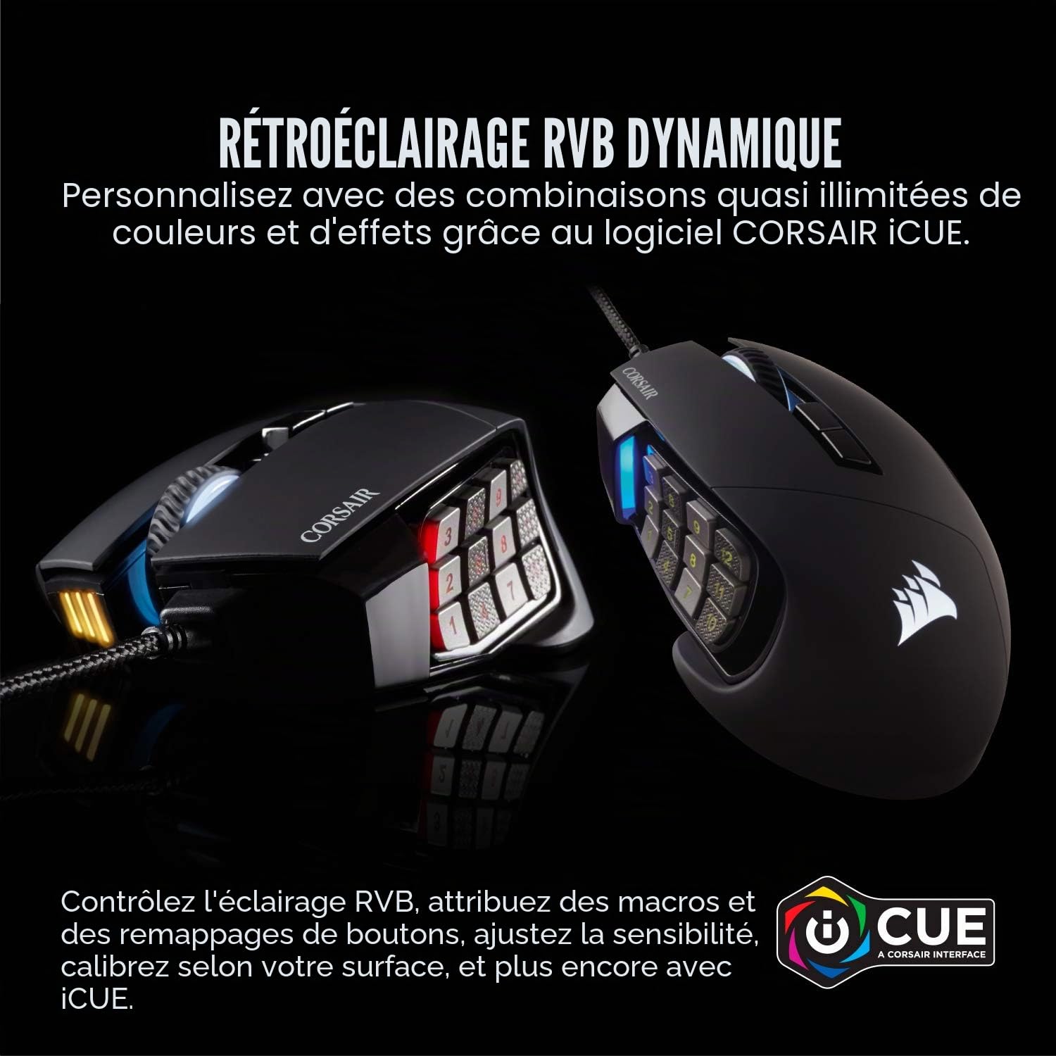 Corsair Scimitar RGB Elite, MOBA/MMO Souris de Jeu, Noir, LED RVB rétroéclairée, 18000 DPI, Optique