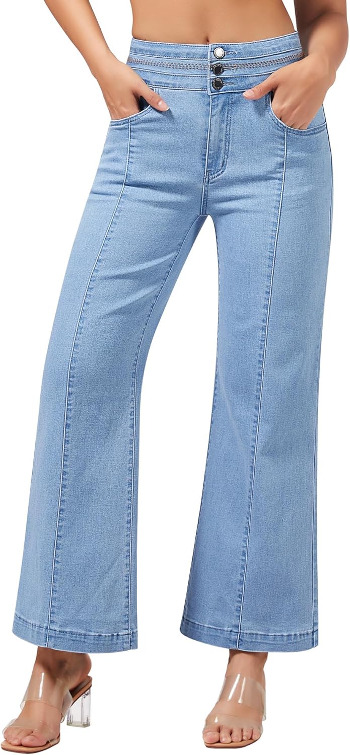 roswear Women's Wide Leg Petite Jeans High Waisted Stretchy Cropped Denim Pants