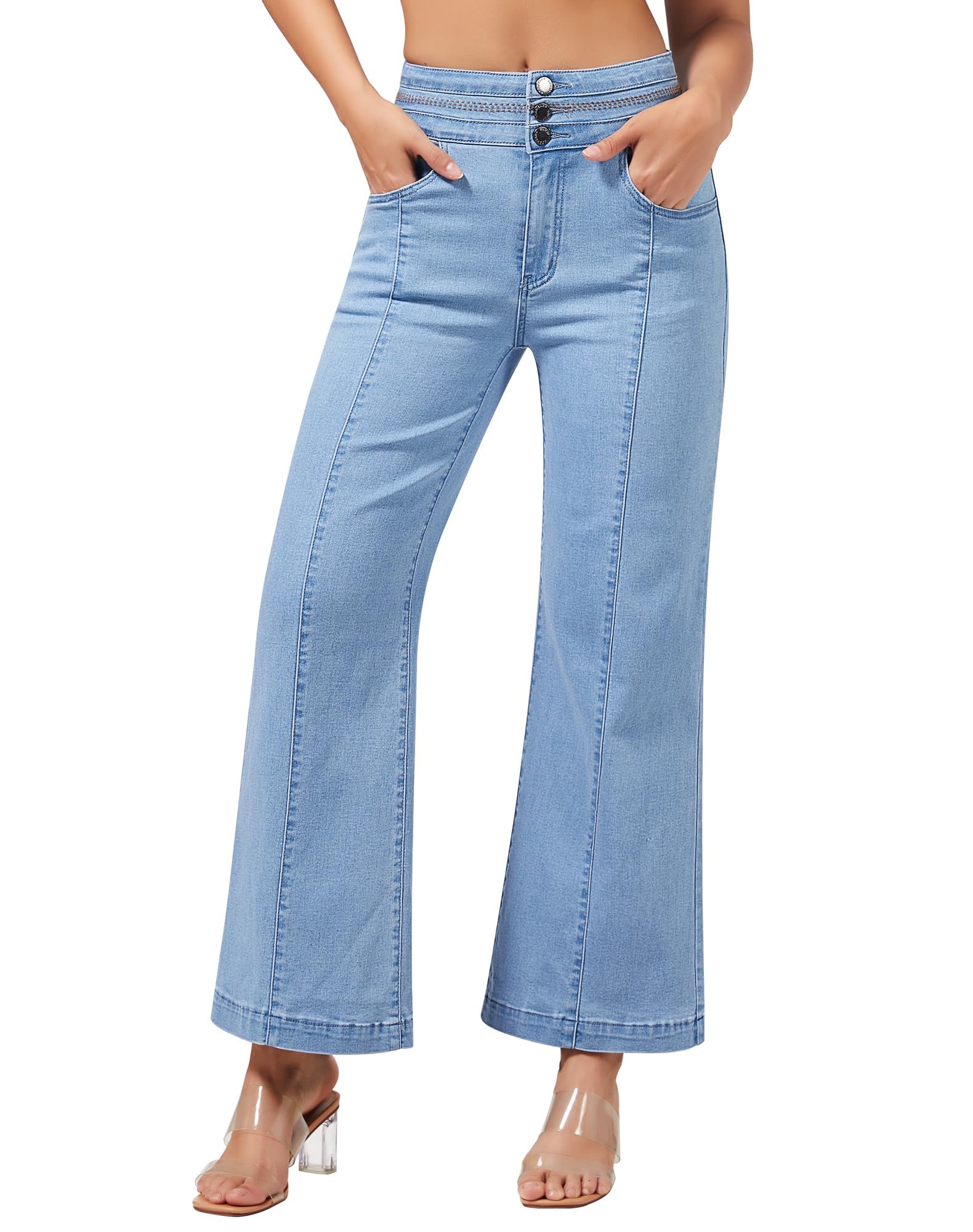 roswear Women's Wide Leg Petite Jeans High Waisted Stretchy Cropped Denim Pants