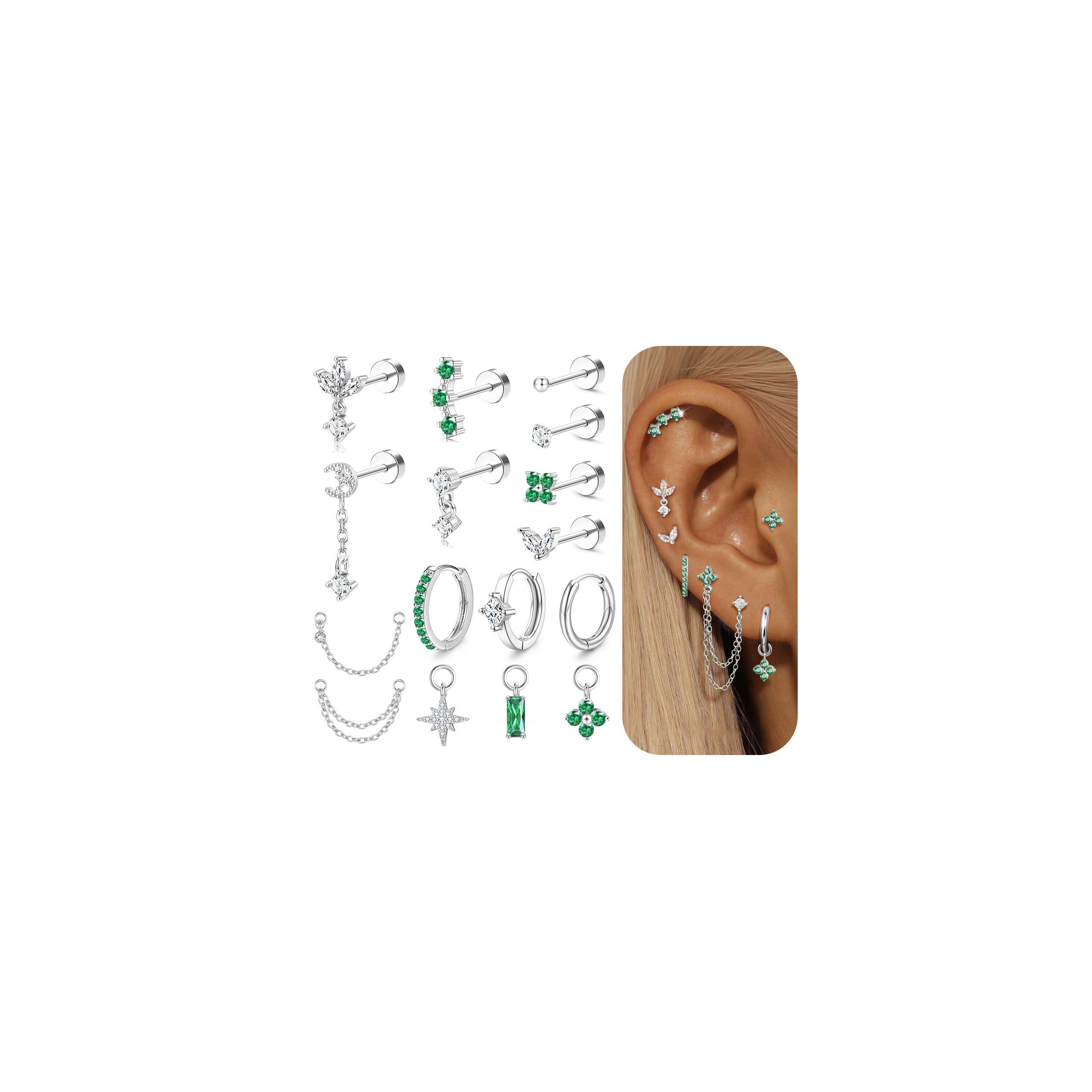 Helix Piercing Gioielli Orecchini in Acciaio Chirurgico ipoallergenico orecchino Piatto Posteriore Orecchini a Cerchio Set Conch Piercing Argento Oro cartilagine daith Tragus Piercing Gioielli PC