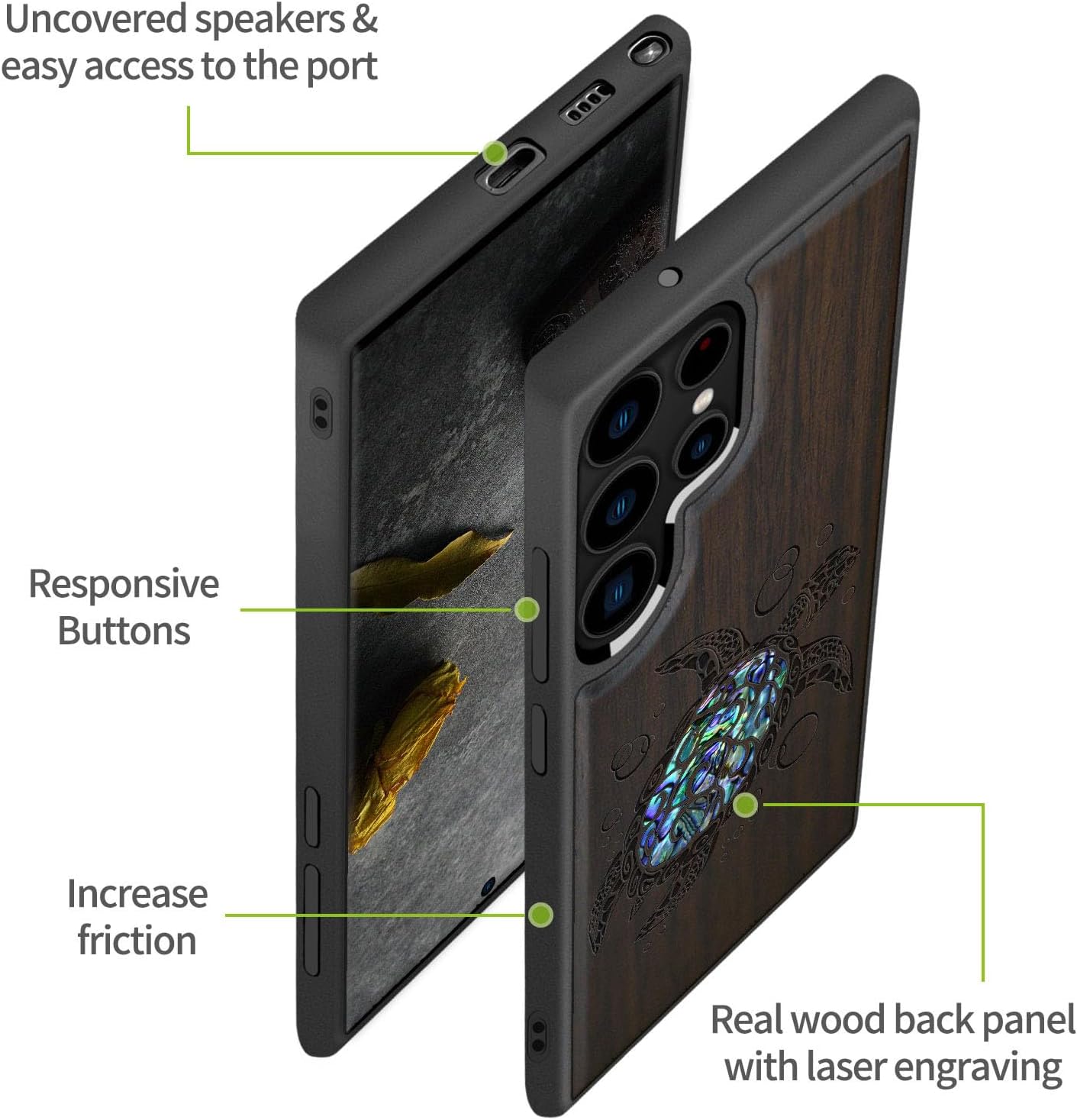 Carveit Designer Wooden Cover for Samsung Galaxy S22 Ultra Case [Wood Engraving & Shell Inlay] Wood Phone Case Compatible with Wireless Chargers Galaxy S22 Ultra (Sea Turtle-Blackwood)