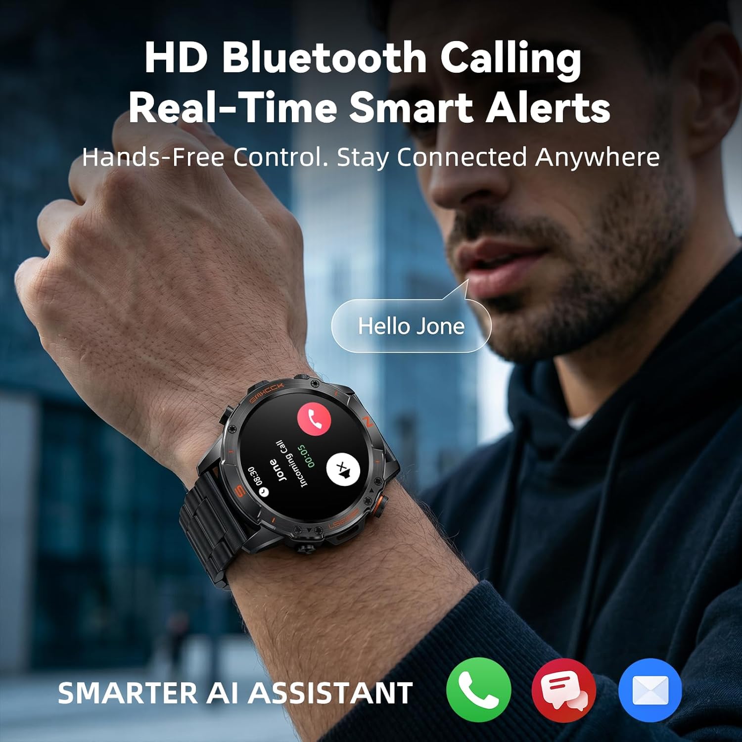 WalkerFit Rugged Military Smart Watch for Men, 1.43" AMOLED Tactical Fitness Tracker (Answer/Make Call), 5ATM Waterproof, Heart Rate/SpO2/Sleep Monitor, 178+ Sports Modes, for Android iPhone, 2 Bands