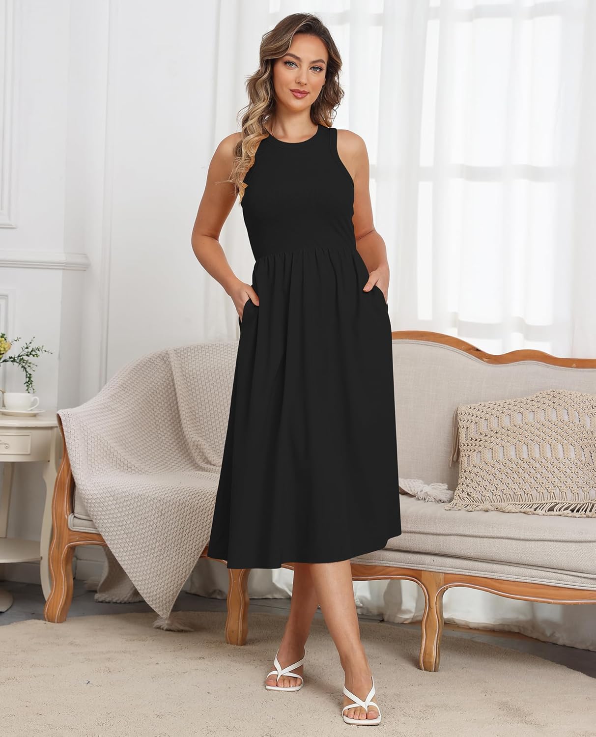 Naggoo Women's Sleeveless Dress Summer Casual Flowy Sundress Knit Tank Top Racerback Midi Dresses Pockets - Image 2